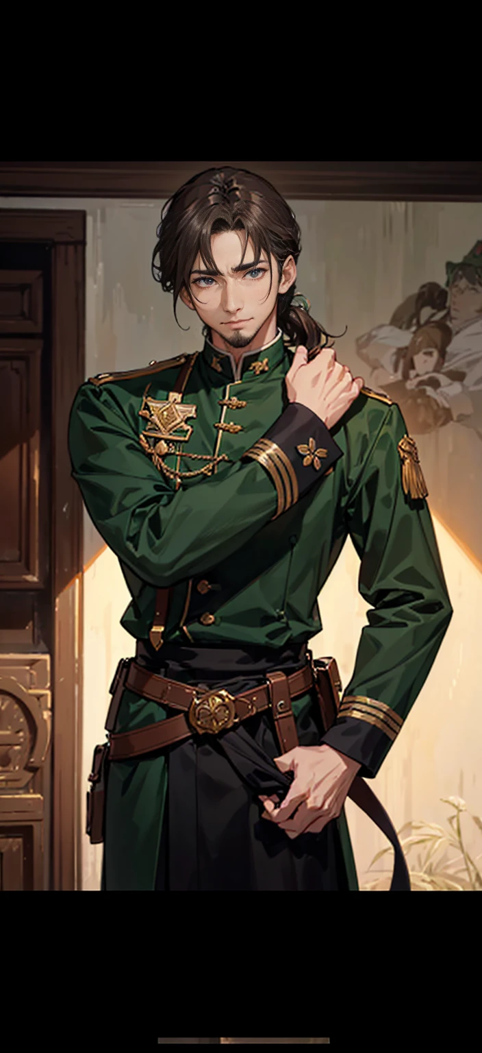 male、good looking、masterpiece、knight、soldier、Emerald green、Light brown hair、Wavy Hair、Hair up to the neck、Not too long hair、Cool look、A balanced body、アニメ調、アニメ、40 years old、Thin beard、mature、Staying calm、Astringent、Thin beard、Before male、Male-like、Image above the chest、Highest quality、Character Design、Not young、Western film、A little smile、Western film style、Western film-style clothing、Black military uniform、soldier、Europe、antique、uncle、Old man、Middle-aged male、Medium Hair、Medium Bob、Astringent atmosphere、Lowered hair、Sadness、High resolution,