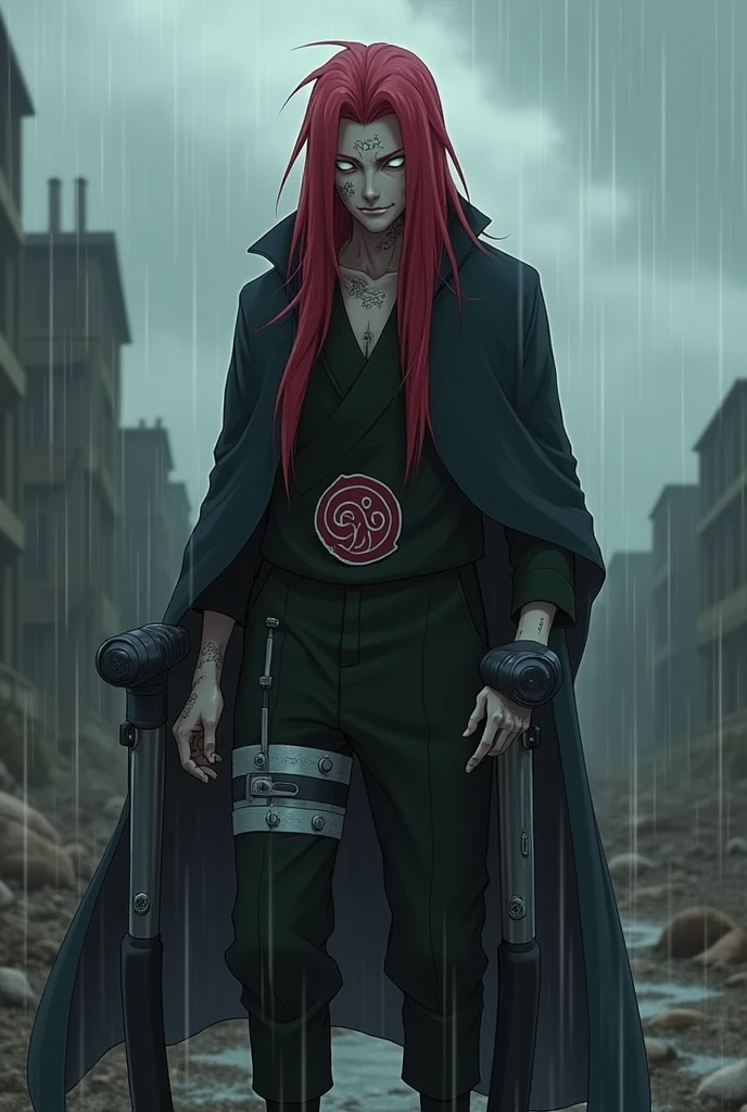 Anime style, a white man with neck and amrs covered with scars, wearing a full face mask, red long hair, black shirt.