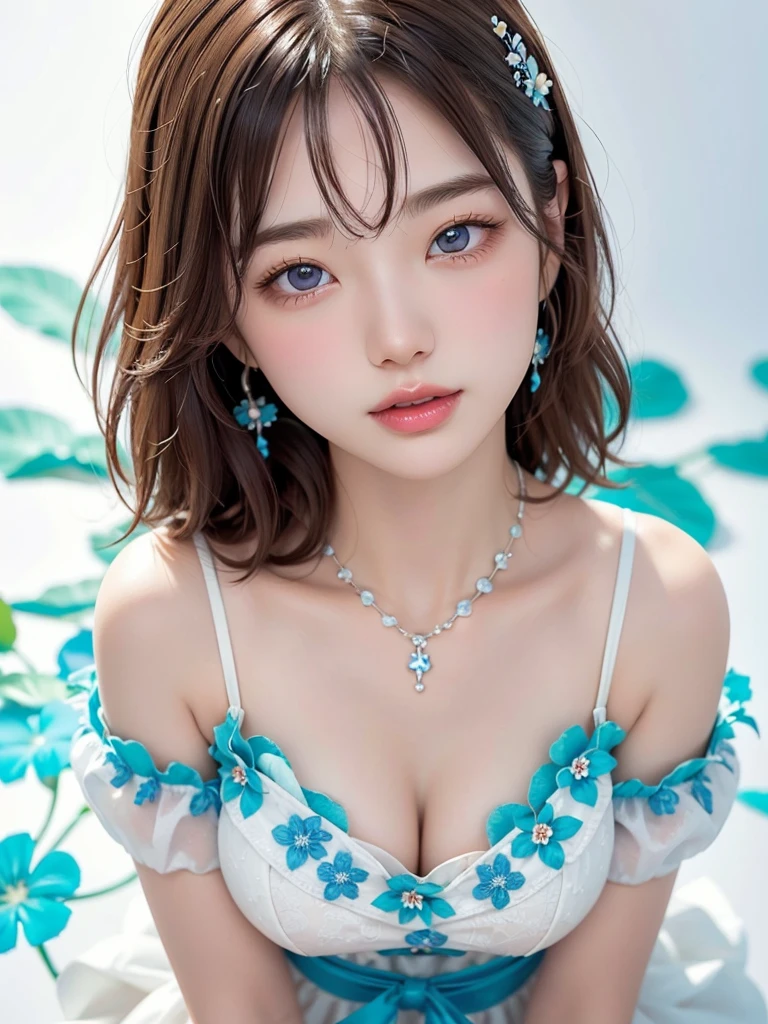 8k,Confused, High resolution, Very detailed, 1 girl, alone, Very beautiful eyes, Ultra-precise depiction, artistic、Very detailed depiction, (Tangled:1.2), , (White high key background:1.5), (((White dress with blue floral pattern 1.5))), 、 short hair、Loose wavy hair、Earrings and Necklaces、Brown Hair, (Glowing Skin), Many colors, , (Shooting from above:1.2),、Flat Body、slim、cute、、Round face、Cast a Shadow、、Smile 1.3、Place both hands on chest 1.4