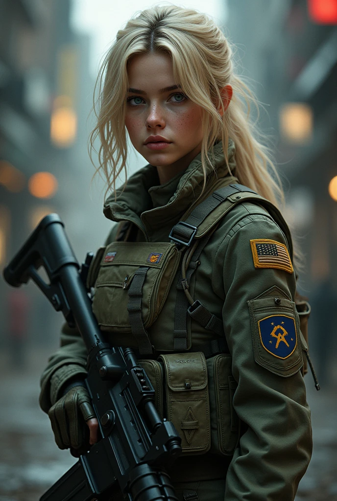 (photorealism:1.2) (Character description: * Physical: * Hair: Long blonde with bangs, cut in layers to highlight the face and give it a dynamic look. * Eyes: Large and expressive, of an intense blue color that contrasts with the blonde hair. Long and defined eyelashes. * Skin: Clear and luminous, with a slight blush on the cheeks. * Features: Delicate and defined, with a small nose and full lips. * Body: Athletic and slender, with a proportionate figure and toned muscles.) +(* Outfit: * Style: Tactical and functional, but with aesthetic details that enhance its femininity. * Garments: * Top: Fitted combat shirt or sleeveless t-shirt, with military patches and insignia. Bottom: Tactical pants or short skirt above the knee, both with multiple pockets and gussets. Footwear: High-resistance military boots, designed for action. Accessories: Belt: With multiple pouches and slides to carry tactical equipment. Gloves: Tactical, which protect the hands and allow a better grip. Sunglasses: Military style, with dark lenses to protect the eyes. Headphones: With integrated microphone, to communicate with the team. Weapon: A signature in-game weapon, such as a pistol or assault rifle, that complements your appearance) + (Expression, Look: Strong and determined, with a spark of intelligence and bravery. Posture: Confident and self-assured, ready to face any challenge Facial expressions: Wide and varied, capable of conveying a wide range of emotions) +(Key elements of the Call of Duty: Modern Warfare style: Realistic details: Detailed textures in hair, skin and clothing. Lighting. dramatic: Using shadows and contrasts to highlight features and create an intense atmosphere. Realistic facial expressions: Capturing the character's emotion and determination through their eyes and mouth. Dynamic poses: Poses that convey movement and action, as if they were. . in the middle of combat.) + (Keywords: Woman, soldier, Call of Duty, realistic, cinematic, blonde hair, blue eyes, beauty, tacti