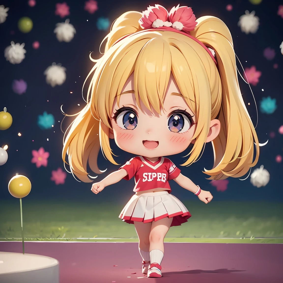 Super Chibi Character：1.8、Blonde Hair、Cute 7 year old girl、Cheerleader Outfits、Super Chibi Character：1.8、smile、Super Smile、Cheering with pom-poms、Cheering with pom-poms、Cheering with pom-poms