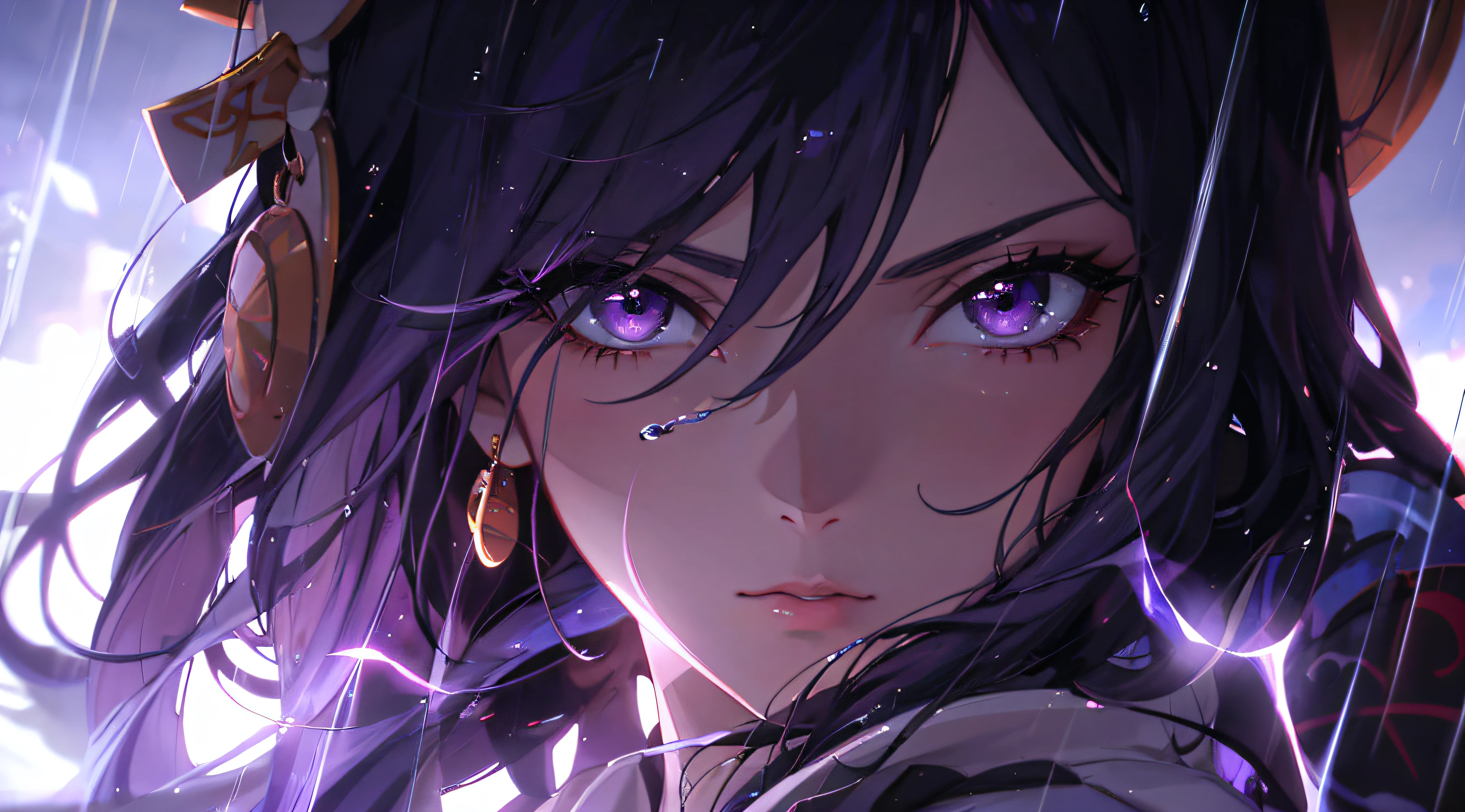 Anime girl with purple eyes and purple hair in the rain, detailed anime digital art, style of anime4 K, 4K anime art wallpaper, 4k anime art wallpaper, anime wallpaper 4k, 8K anime art wallpaper, anime wallpaper 4k, anime wallpaper 4k, stunning anime face portrait, digital anime art, 极其详细的Artgerm, germ of art. high détail