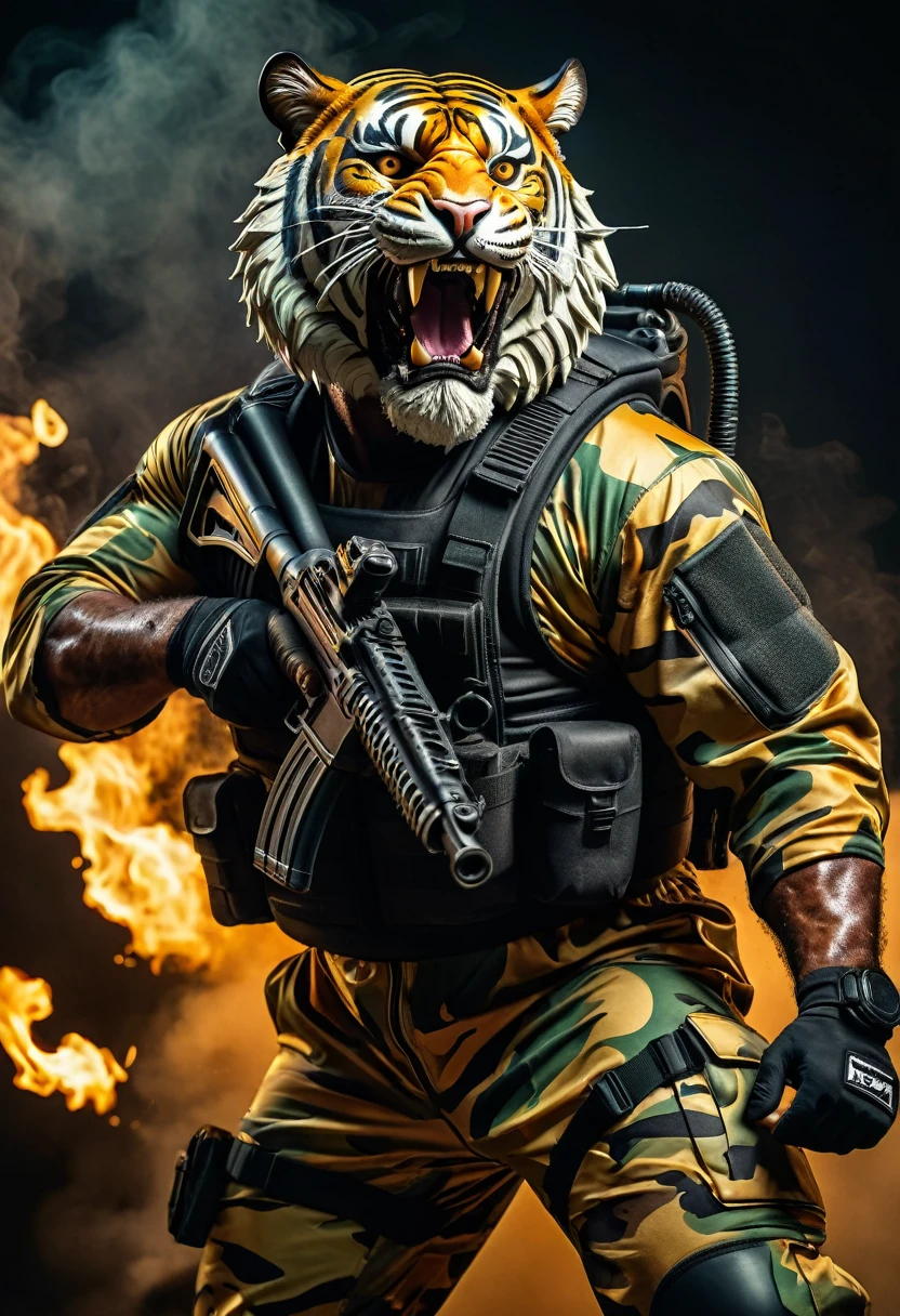 (a dark-skinned bearded fat muscular old man in a bulky army camouflage zipper diver suit) carrying a gun, (wearing realistic roaring tiger mask), dynamic action pose, fierce expression, showcasing an imposing stature, surrounded by military elements, dramatic shadows and intense highlights, cinematic color tones, high detail, powerful, art influenced by Bruce Onobrakpeya and Stanley Artgerm, ultra-detailed, best quality image, action-packed atmosphere. fighting stance, field