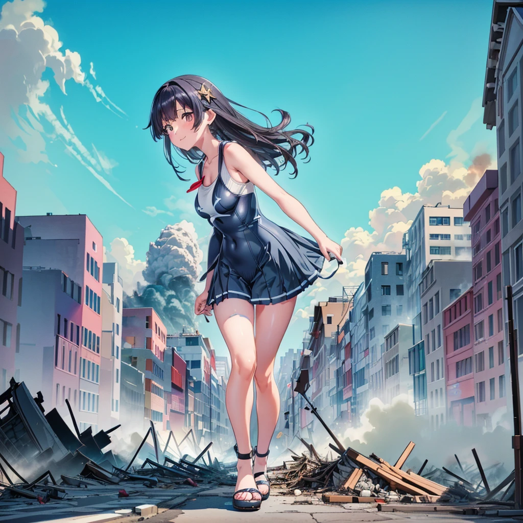 Composition seen from below ((Tall schoolgirl)) Sailor suit Navy Blue Skirt tie (Cloudy) ((Grayish sky)) masterpiece Anime Style Delicate painting 4K the 90s Giant crowd ((battlefield)) ((destroyed metropolis)) ((Collapsed building)) ((ruins)) ((Rubble pile)) ((fire)) ((flame)) crowd crowd ((((A girl in a Giant swimsuit walking through the city valley))) 白いshoes下 clock Black Hair smile female Giant Giant girl Whole body crowdアンリアルエンジン,Cleavage ,Picture , Earrings, Long Hair,cute picture beauty Analog Style whole body shoes