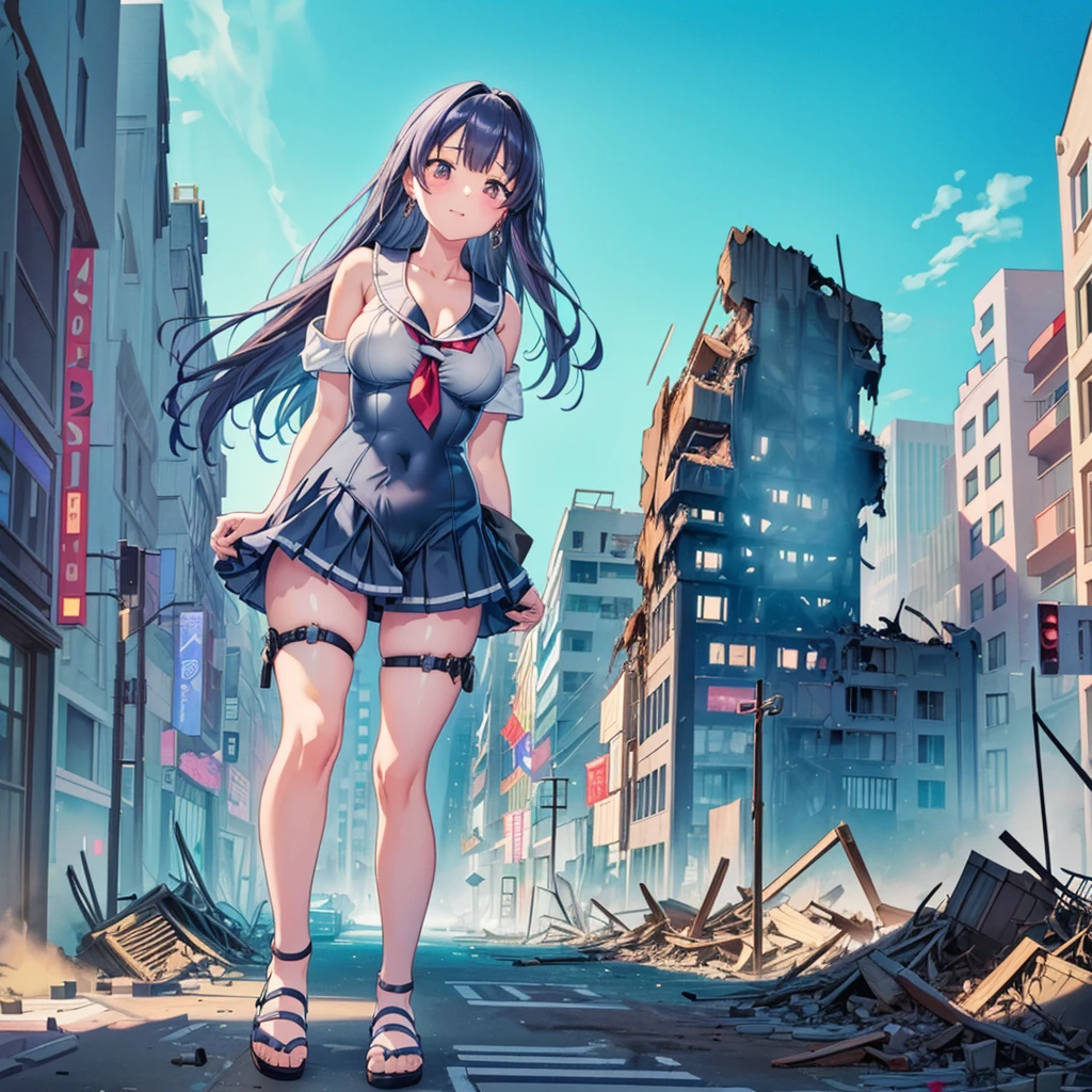 Composition seen from below ((Tall schoolgirl)) Sailor suit Navy Blue Skirt tie (Cloudy) ((Grayish sky)) masterpiece Anime Style Delicate painting 4K the 90s Giant crowd ((battlefield)) ((destroyed metropolis)) ((Collapsed building)) ((ruins)) ((Rubble pile)) ((fire)) ((flame)) crowd crowd ((((A girl in a Giant swimsuit walking through the city valley))) 白いshoes下 clock Black Hair smile female Giant Giant girl Whole body crowdアンリアルエンジン,Cleavage ,Picture , Earrings, Long Hair,cute picture beauty Analog Style whole body shoes