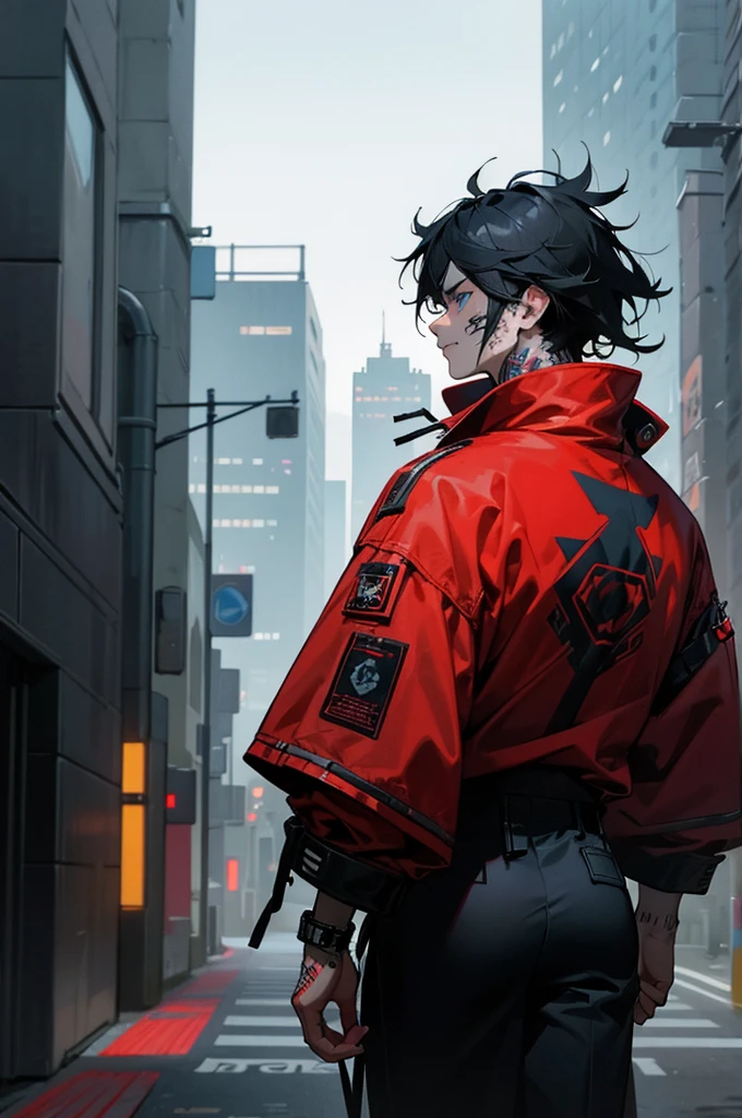 1 men, Bblack hair, blue colored eyes, Messy hair, cyberpunk facial implant, neck and arm tattoos, modern clothing, red coat, Black baggy pants, city background, walking on the path, detailed back ground, face detailed, unexpressive