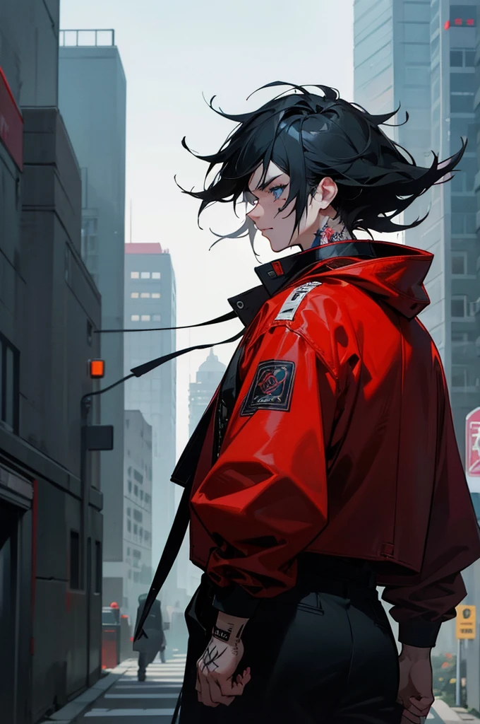 1 men, Bblack hair, blue colored eyes, Messy hair, cyberpunk facial implant, neck and arm tattoos, modern clothing, red coat, Black baggy pants, city background, walking on the path, detailed back ground, face detailed, unexpressive