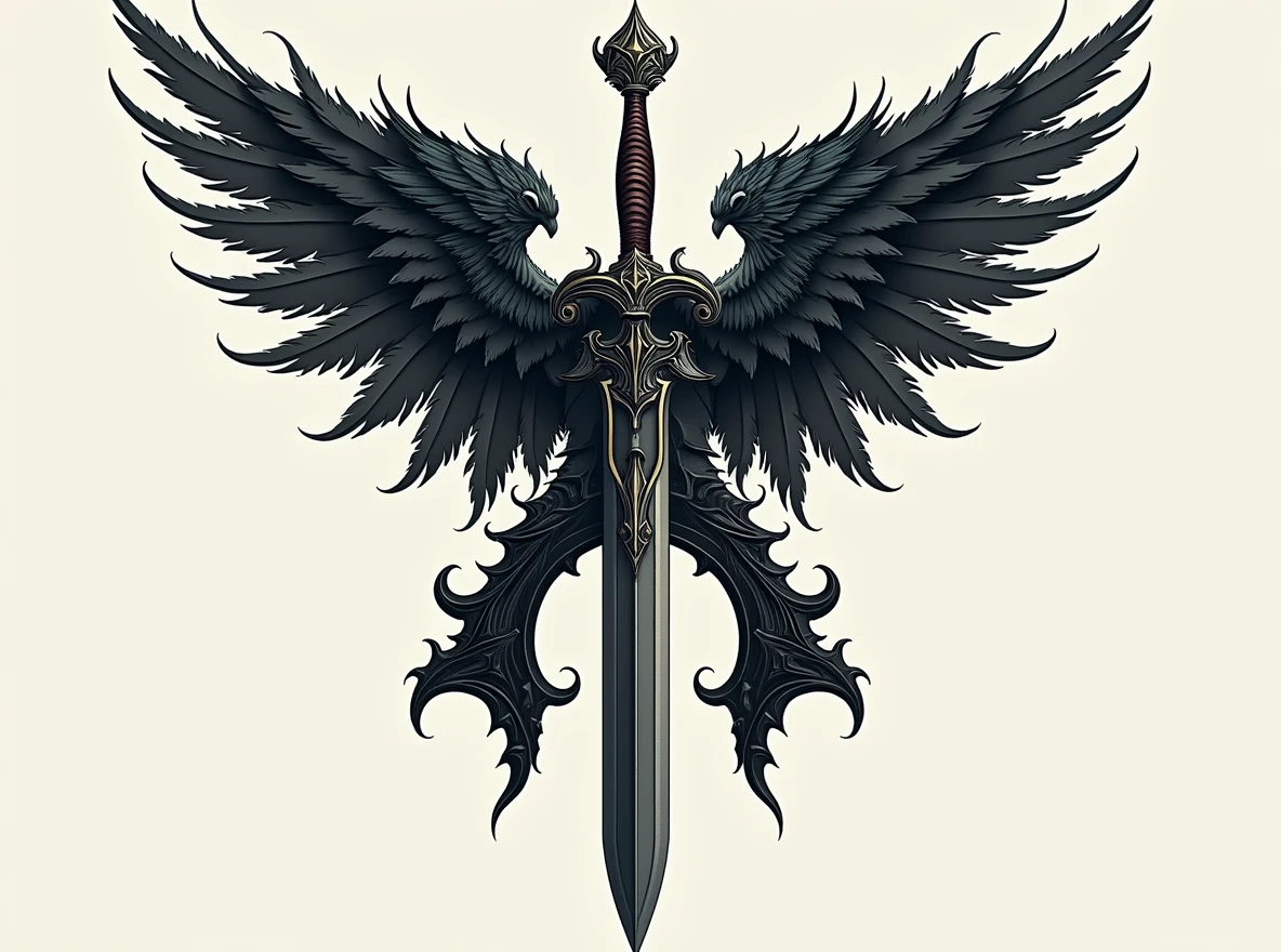 Replace the sword with a thin-bladed dagger. The dagger should have an elegant, slender blade and an ornate handle, matching the overall dark fantasy aesthetic. Ensure that the 'A' shape above the blade and the wings on either side remain completely intact and unchanged. The dagger must fit naturally within the design, replacing the sword but maintaining the same position and alignment. ((replace sword with a thin)), ((slender-bladed dagger)). dagger with an elegant, sharp blade and detailed handle.