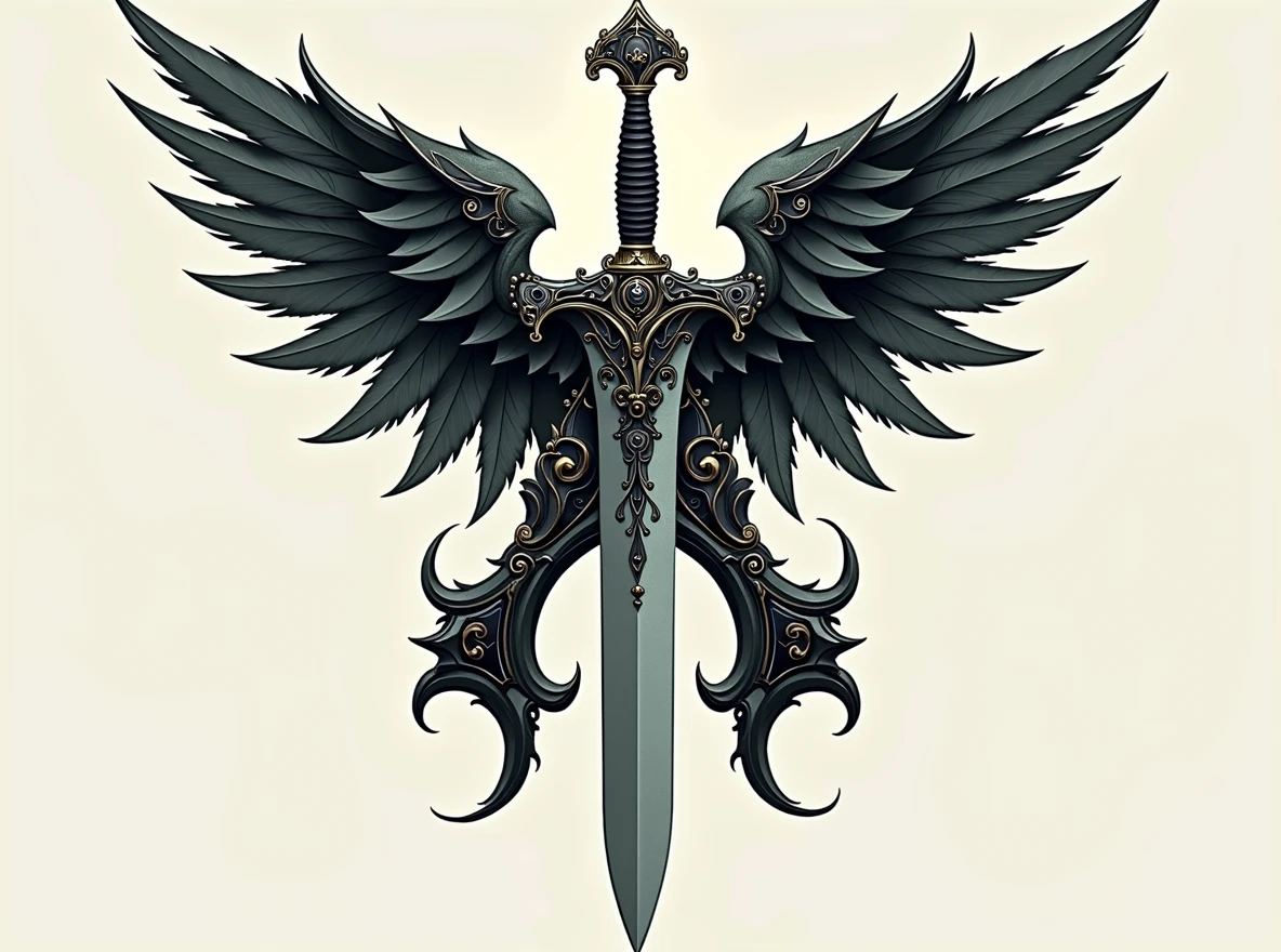 Replace the sword with a thin-bladed dagger. The dagger should have an elegant, slender blade and an ornate handle, matching the overall dark fantasy aesthetic. Ensure that the 'A' shape above the blade and the wings on either side remain completely intact and unchanged. The dagger must fit naturally within the design, replacing the sword but maintaining the same position and alignment. ((replace sword with a thin)), ((slender-bladed dagger)). dagger with an elegant, sharp blade and detailed handle.