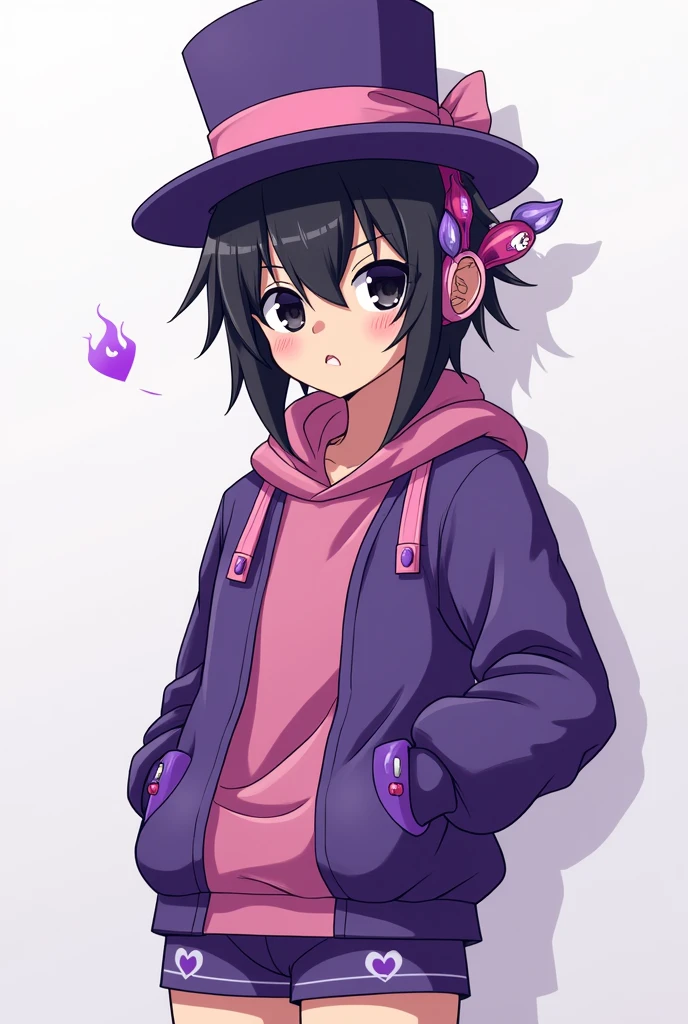 An anime character with black hair, brown skin, black eyes on his head, in the right corner there is a purple top hat with a pinkish wine-colored ribbon on his face, on his boxers there is a purple heart mark and on his left ear there is a device that is shaped like a flame and is purple and pink in color. His clothes are a sweatshirt and pants, all with purple and pink color palettes.