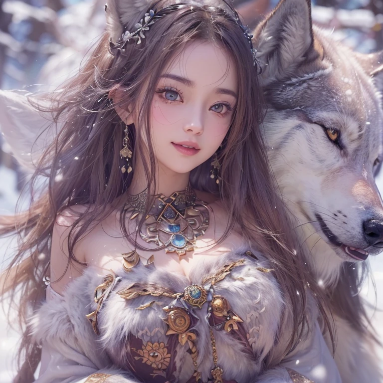 Lakeside surrounded by snowy mountains、Hair Flow、 ((Highest quality、masterpiece、8k、Best image quality、Ultra-high resolution、Award-winning works)、(Accurate anatomy:1.1)、(Look at me and smile:1.1)、Shining fair skin with Ultra-high resolution、The most detailed face、Ultra-high resolution detailed face、Ultra-high resolutionの髪の毛、(Ultra-high resolutionの煌めく瞳:1.1)、Beautiful face drawn in every detail、Ancient Viking clothing, Chest to chest, tattoo, A real wolf is by your side