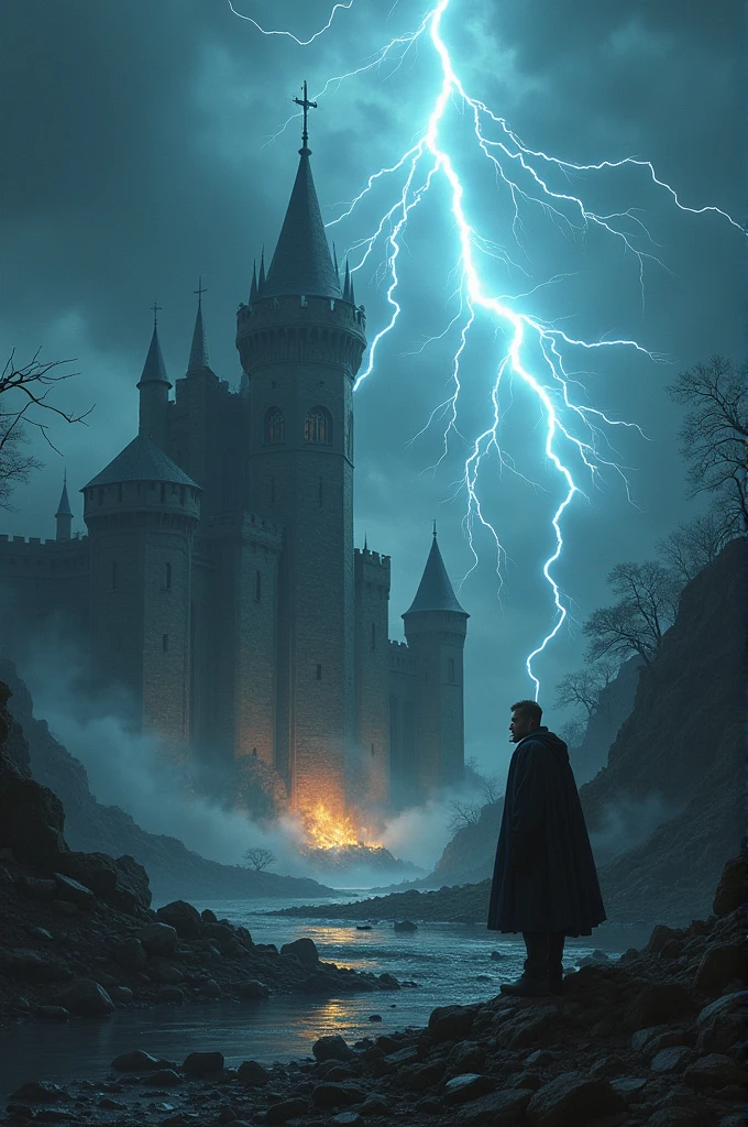 Castle being destroyed by lightning and thunderbolts, while the king watches from afar while smoking a cigarette