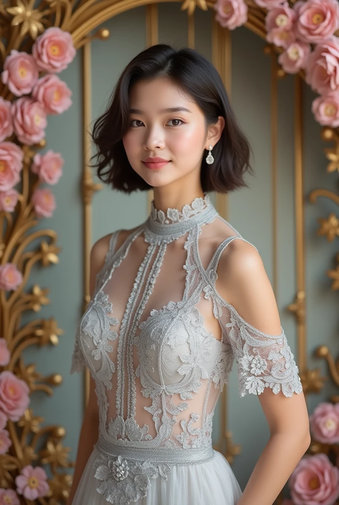 A young woman stands in front of a decorative background、Wearing a silver lace dress。The dress is transparent、Decorated with delicate lace、Open shoulder and neck design。Her hair is in a short bob、It is nicely arranged。Wear simple earrings、The makeup is natural yet feminine.。
The background is decorated with luxurious gold and pink ornaments.、It contrasts beautifully with the silver of the dress.。There is lace and floral detailing all around.、The overall look exudes a romantic and elegant atmosphere.。Her expression is full of confidence.、Staring straight at the camera。
The woman's pose is natural and relaxed.、It gives a sense of stability to the overall composition.。The details of the dress and the background are in harmony.、It enhances her presence even more.。