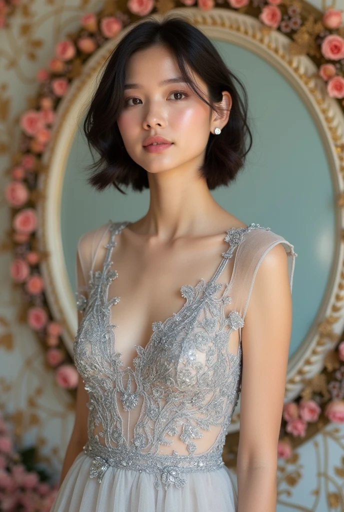A young woman stands in front of a decorative background、Wearing a silver lace dress。The dress is transparent、Decorated with delicate lace、Open shoulder and neck design。Her hair is in a short bob、It is nicely arranged。Wear simple earrings、The makeup is natural yet feminine.。
The background is decorated with luxurious gold and pink ornaments.、It contrasts beautifully with the silver of the dress.。There is lace and floral detailing all around.、The overall look exudes a romantic and elegant atmosphere.。Her expression is full of confidence.、Staring straight at the camera。
The woman's pose is natural and relaxed.、It gives a sense of stability to the overall composition.。The details of the dress and the background are in harmony.、It enhances her presence even more.。