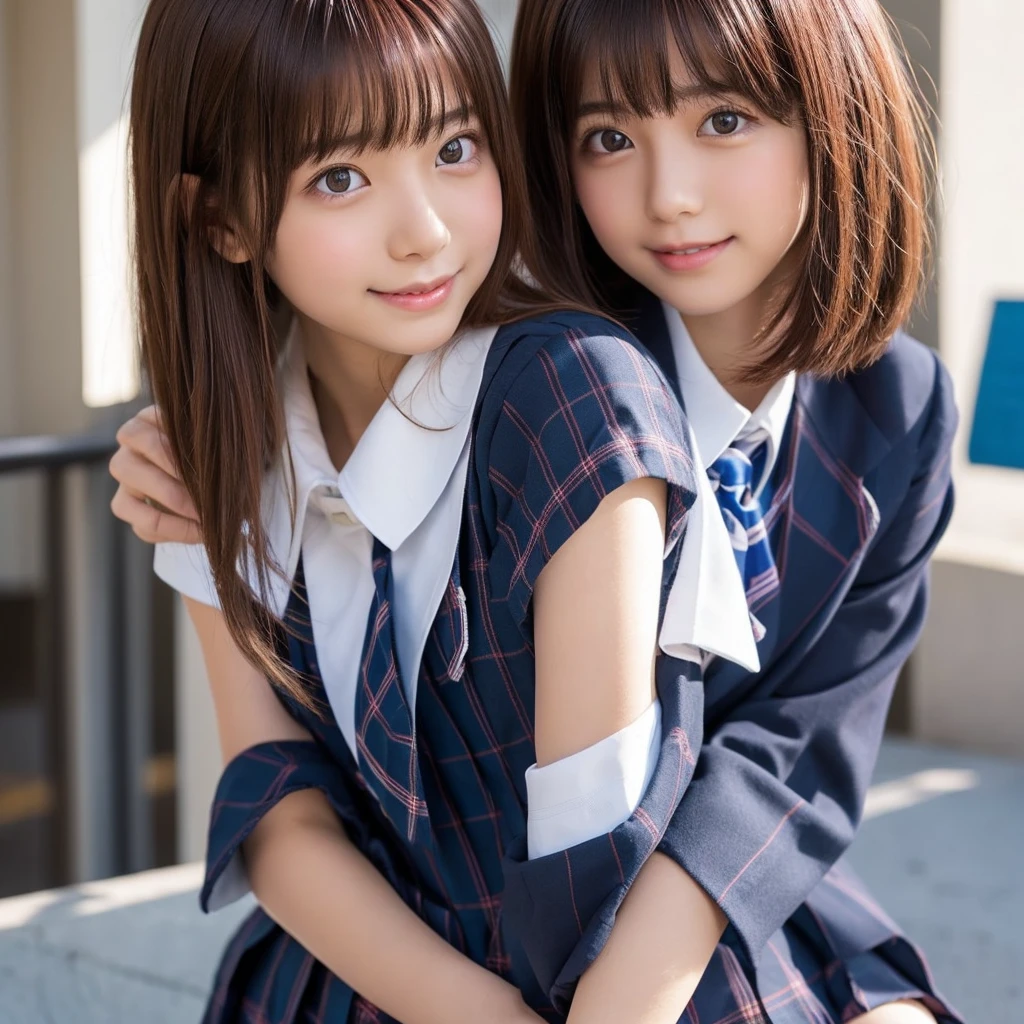 (Realistic:1.25), Bright lighting, Professional Lighting, Face Light, Smooth lighting, 2 Japanese Girls, Adult, beautiful girl, action, gravure, sexy,Very beautiful, Very beautiful detailed eyes, dorropy eyes,Detailed face, slim, (Very short fluffy hair:1.0), (Red Hair Color:1.2), Clear Eyes, Looking into the camera, (Ecstasy, orgasm, erotic:1.25), Face close-up, smile,( School Uniform:1.5))"