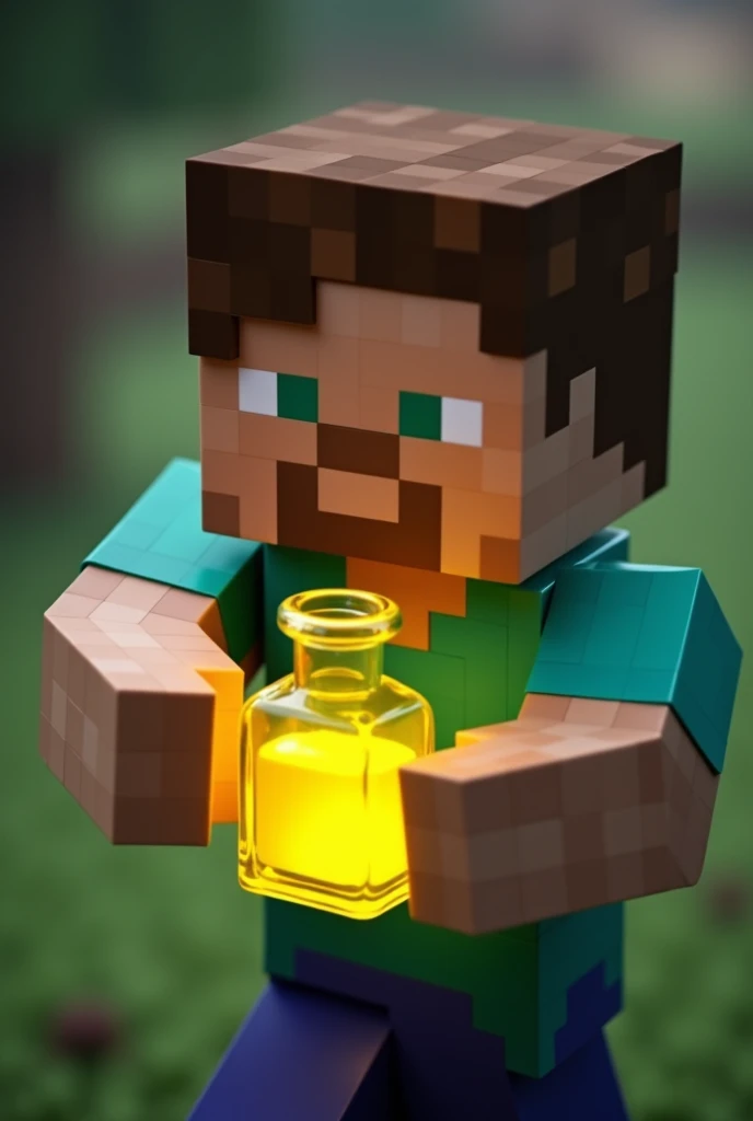 Generate me an image that has a Minecraft Steven holding a yellow potion