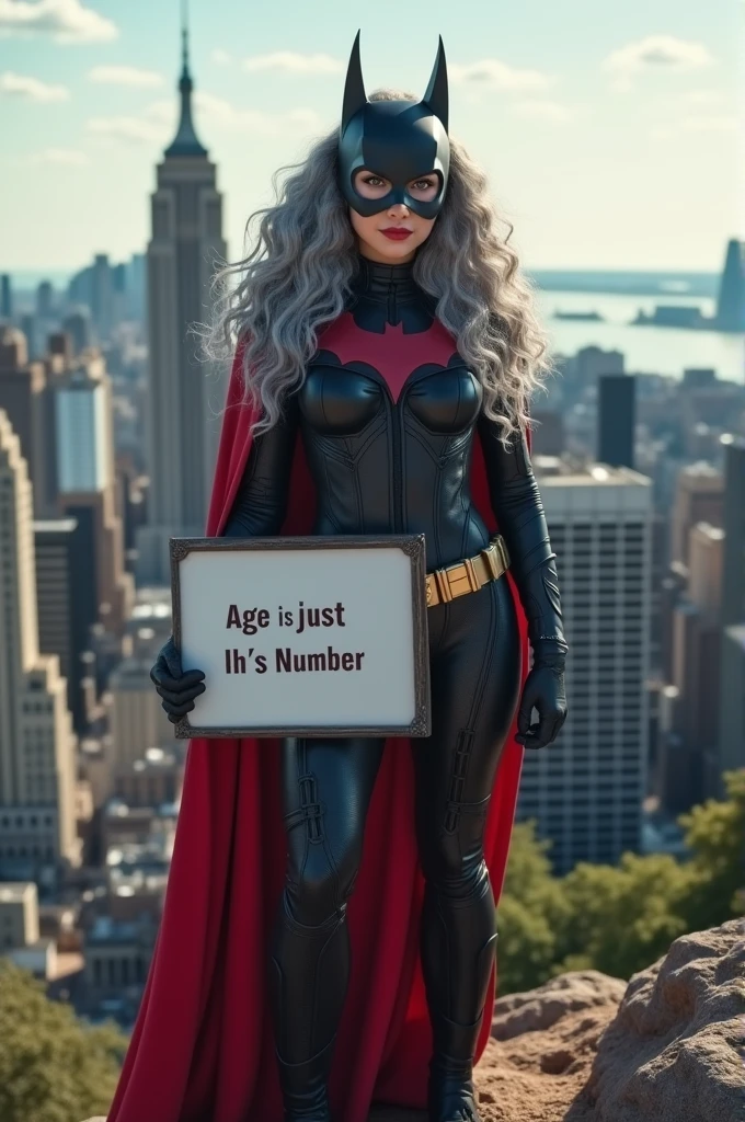 A beautiful youthful looking Hispanic version of a gray haired Ariana Grande as a 50 years old woma n with long her completely gray hair in a big curls styles as the superhero batwoman wearing a batw oman costume with a hood standing on top of a hil I overlooking a big city holding a white board with text " age is just a number" and showing it to the viewer