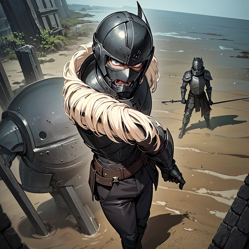 Best illustrations、Best Quality、(Full body character concept、20 people)、(((Gray simple armor、Black trousers、Black gloves、Short Hair、Black Hair、20 year old man、Iron Helmet、Iron helmet)))、(((Fighting Pose)))、(Old ruins、desert。Grass)、(Masked Knight)、(Black, muddy swamp)、(Medieval Knight)、(Close your eyes、get annoyed、Open your mouth、Get angry、Sweat)、battlefield、(From above)、Sea of mud、Black Sea