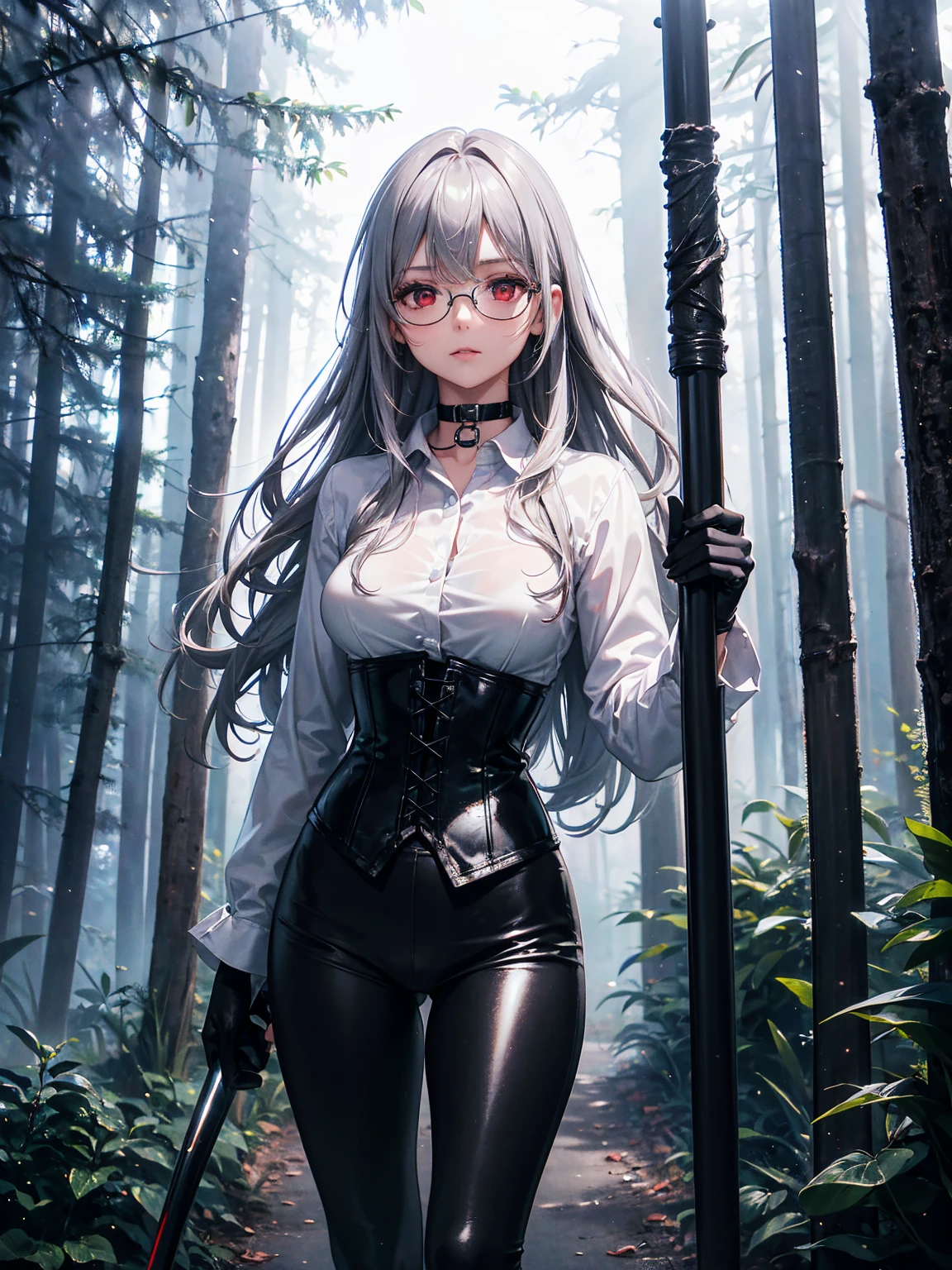 masterpiece, Superior image quality, High resolution, 4k image,photo and gross, photorealistic, whole body, 1 girl, standing, {{{vagina}}}, beautiful face, Long wavy silver hair, Red eyes, very detailed eyes, shy expression, Glasses, choker:1.6, (white long sleeve button down shirt with white collar), black gloves, gloves that cover hands, holding a spear in his hand, (black leather corset), (shiny black leggings), Sensual Lips, show details in the eyes, View from the front, looking at the viewer, Dark forest, fog, at night