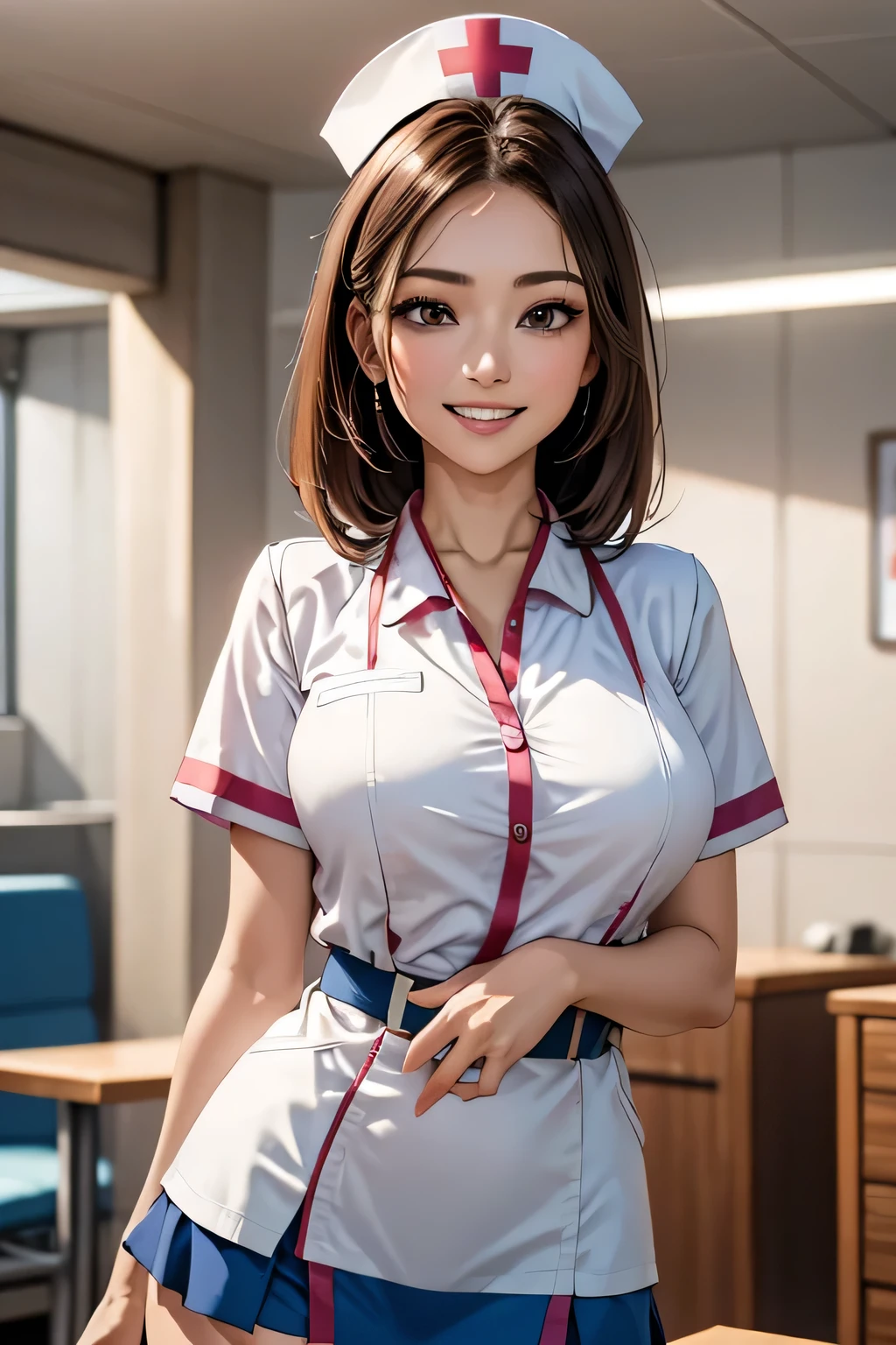 1 female, 40 years old, (Nurse cap, Nurse uniform and mini skirt), masterpiece, Grin, (very tanned and shiny skin), Big Breasts, photoRealistic, Realistic, alone, photoRealistic, Highest quality, Ultra-high resolution, Yura S, Outdoor, colorful, Daytime setting, beautiful, masterpiece, Highest quality, Very detailedな顔, Perfect lighting, Ultra-high resolution, Very detailed, (background: In the hospital)