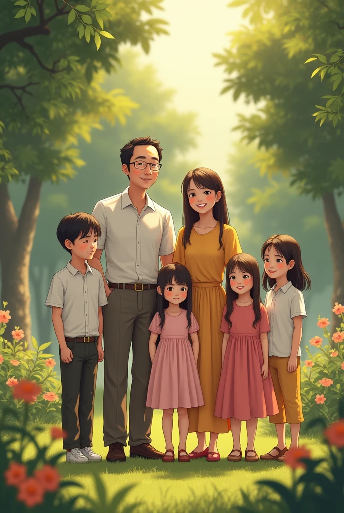 a realistic family photo showing harmony. This family consists of seven people: 50 year old father, 40 year old mother, two boys aged 25 and 20 years old, and three daughters aged 17, 14, and 11 years. Father and mother stand in the middle with warm smiles., surrounded by their children. Father wore a neat shirt and trousers., giving the impression of maturity and responsibility. Mother is wearing an elegant dress, radiating warmth and love. Both boys wore matching shirts and pants., reflect their maturity, while three girls wear cheerful dresses, showing the cheerfulness of their youth. The background is a beautiful green garden with shady trees and colorful flowers., create a strong atmosphere of happiness and family warmth."