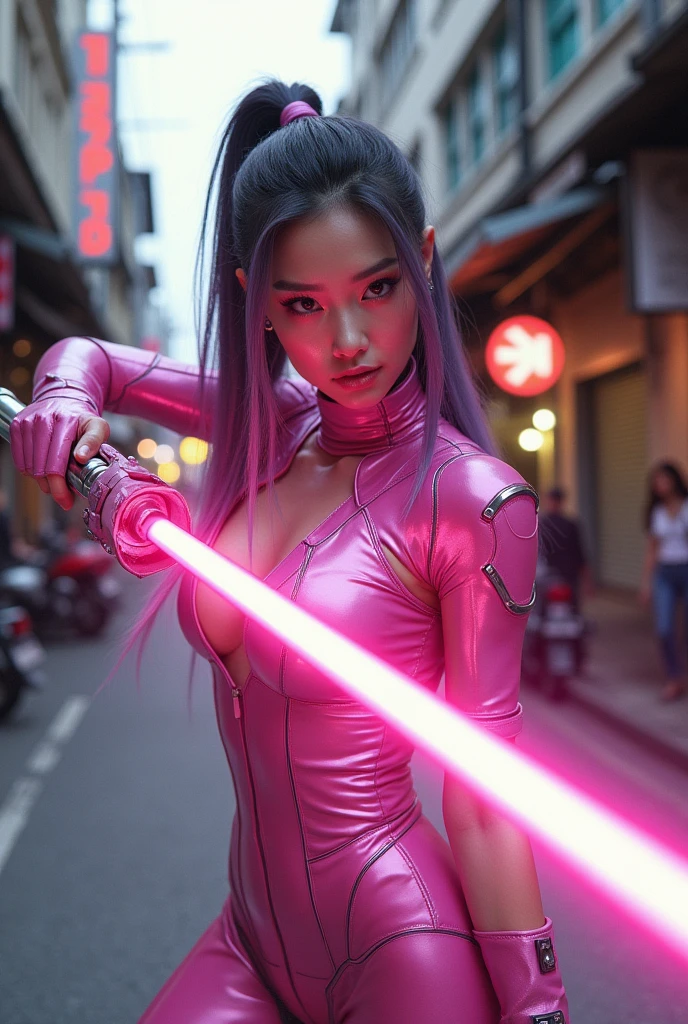 Lucy Liu in a scifi sexy battle suit (pink chrome) wielding a light sword (pink), bubblegum hair, streets of Bangkok challenging an Alien Xenomorph 'ROUND 1 FIGHT!' written in large letters along the bottom of the screen (Alert: only one light sword, only one light sword blade)