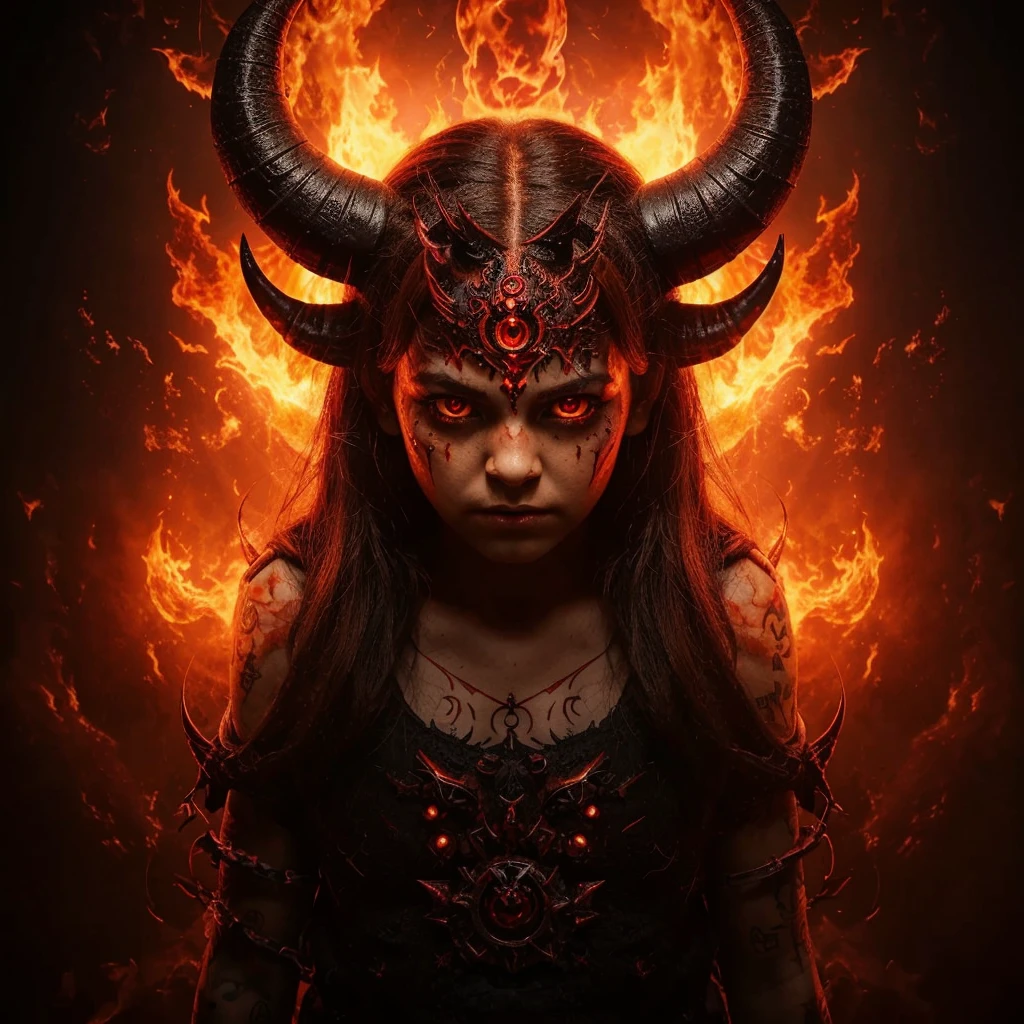 Full body view of an 11 year old girl transforming into a demon with demonic horns a demonic third eye in the center of her forehead fiery red eyes a demonic tail demonic black wings and demonic tattoos all over her face neck and body inside a satanic temple worshipping Lord Satan