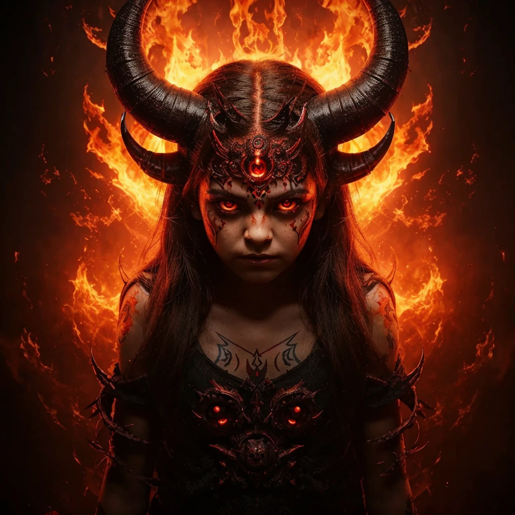 Full body view of an 11 year old girl transforming into a demon with demonic horns a demonic third eye in the center of her forehead fiery red eyes a demonic tail demonic black wings and demonic tattoos all over her face neck and body inside a satanic temple worshipping Lord Satan