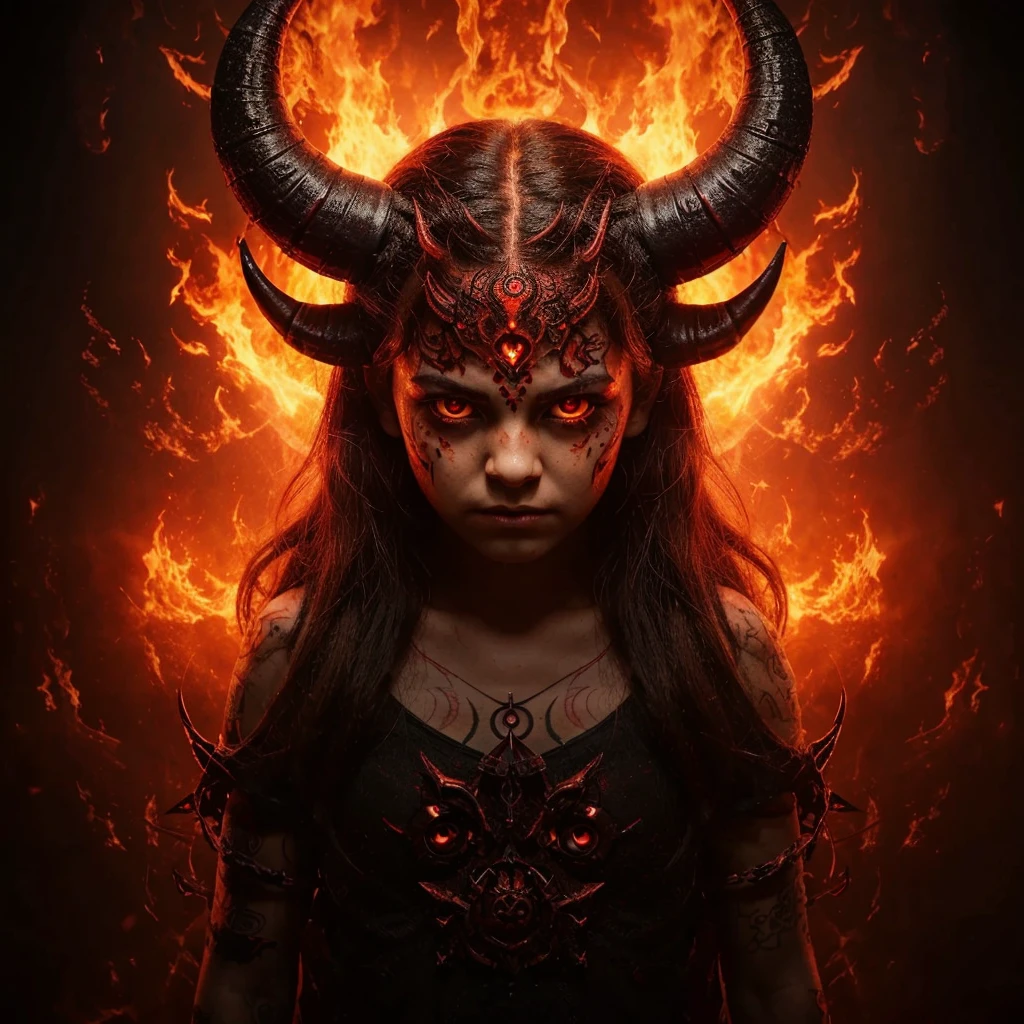 Full body view of an 11 year old girl transforming into a demon with demonic horns a demonic third eye in the center of her forehead fiery red eyes a demonic tail demonic black wings and demonic tattoos all over her face neck and body inside a satanic temple worshipping Lord Satan