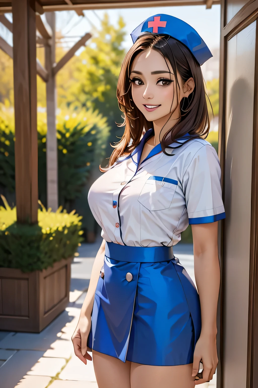 1 female, 40 years old, (Nurse cap, nurse uniform and mini skirt), masterpiece, grin, (very tanned and shiny skin), Big Breasts, photoRealistic, Realistic, alone, photoRealistic, Highest quality, Ultra-high resolution, Yura S, Outdoor, colorful,  Daytime setting, beautiful, masterpiece, Highest quality, Very detailedな顔, Perfect lighting, Ultra-high resolution, Very detailed, (background: Inside the hospital)