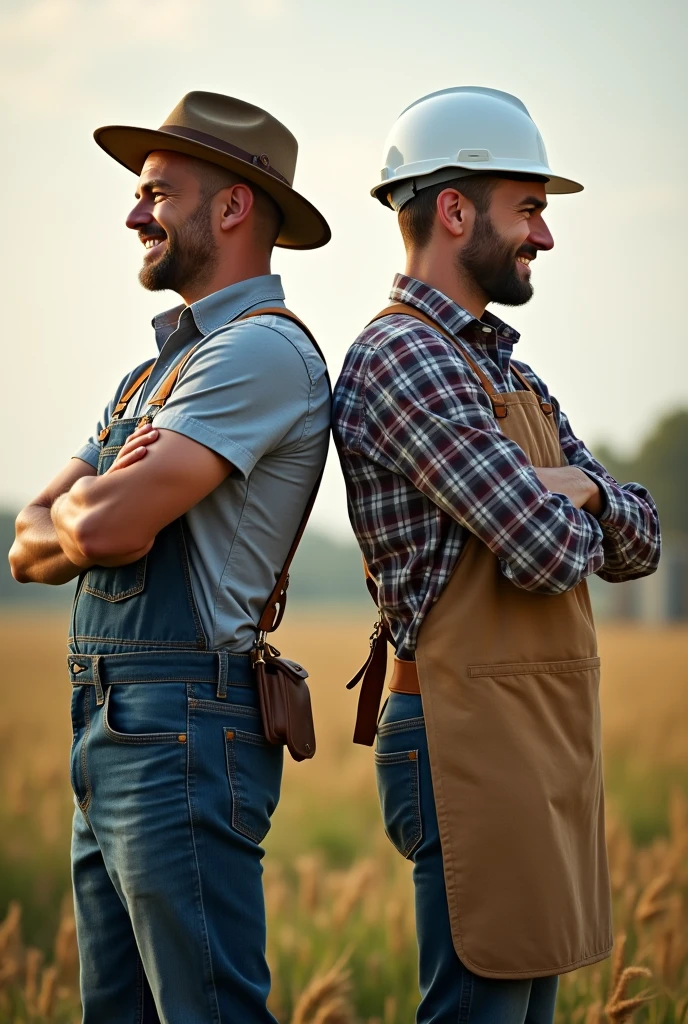 2 people smiling with arms crossed, a farmer with a hat and an industrial engineer with a white helmet and apron. Both in profile and from behind. both men. Full body image with legs and feet.