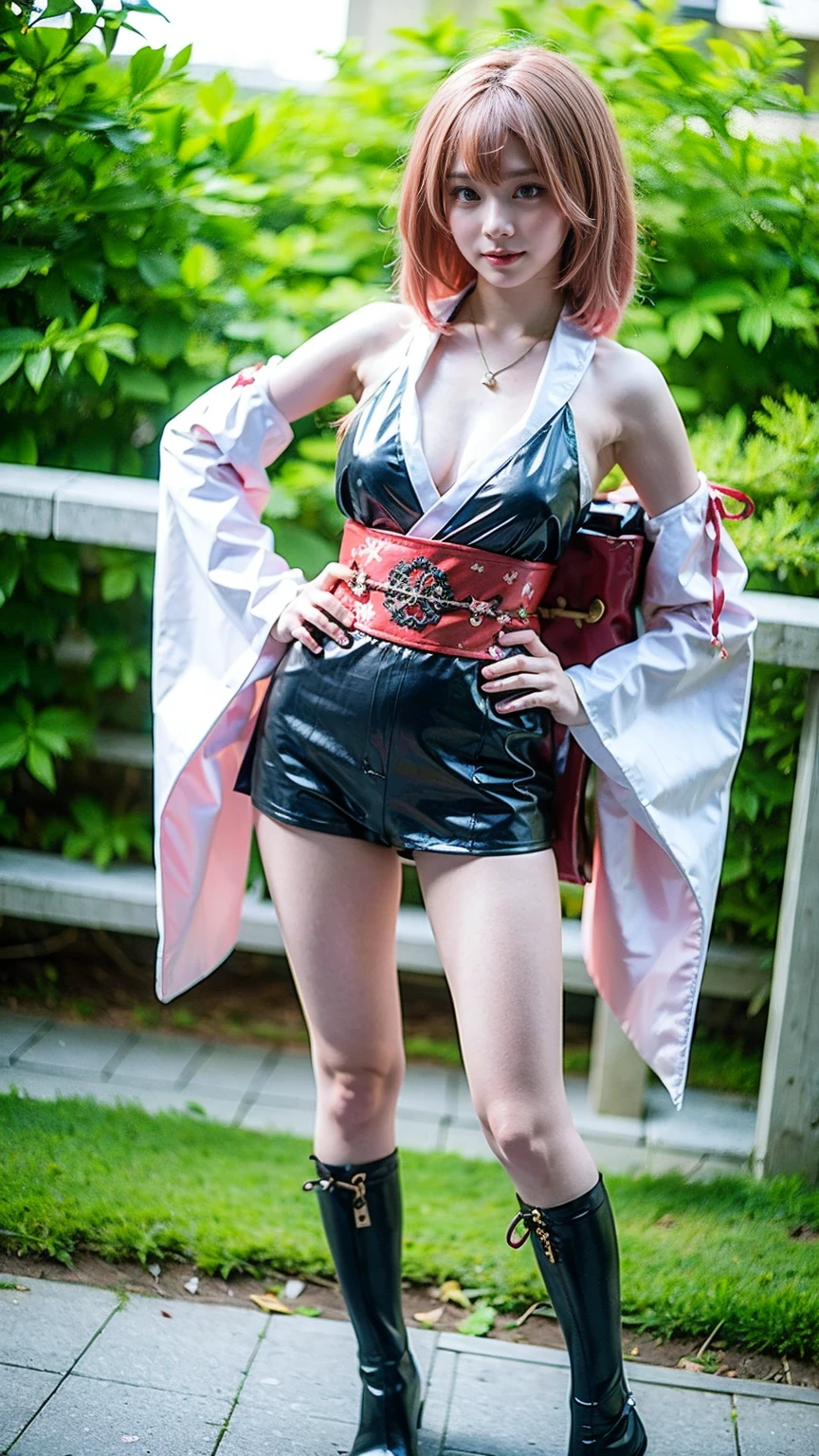 (8k、RAW Photos、Highest quality、masterpiece:1.2)、(Realistic、Realistic)、1 girl、((Long-sleeved kimono、white、pink、navy blue、Shoulder visible、Breast enlargement、boots、ribbon、Thin legs、whole body、View from the front、Looking into the camera、Stand with hands on hips))、cute