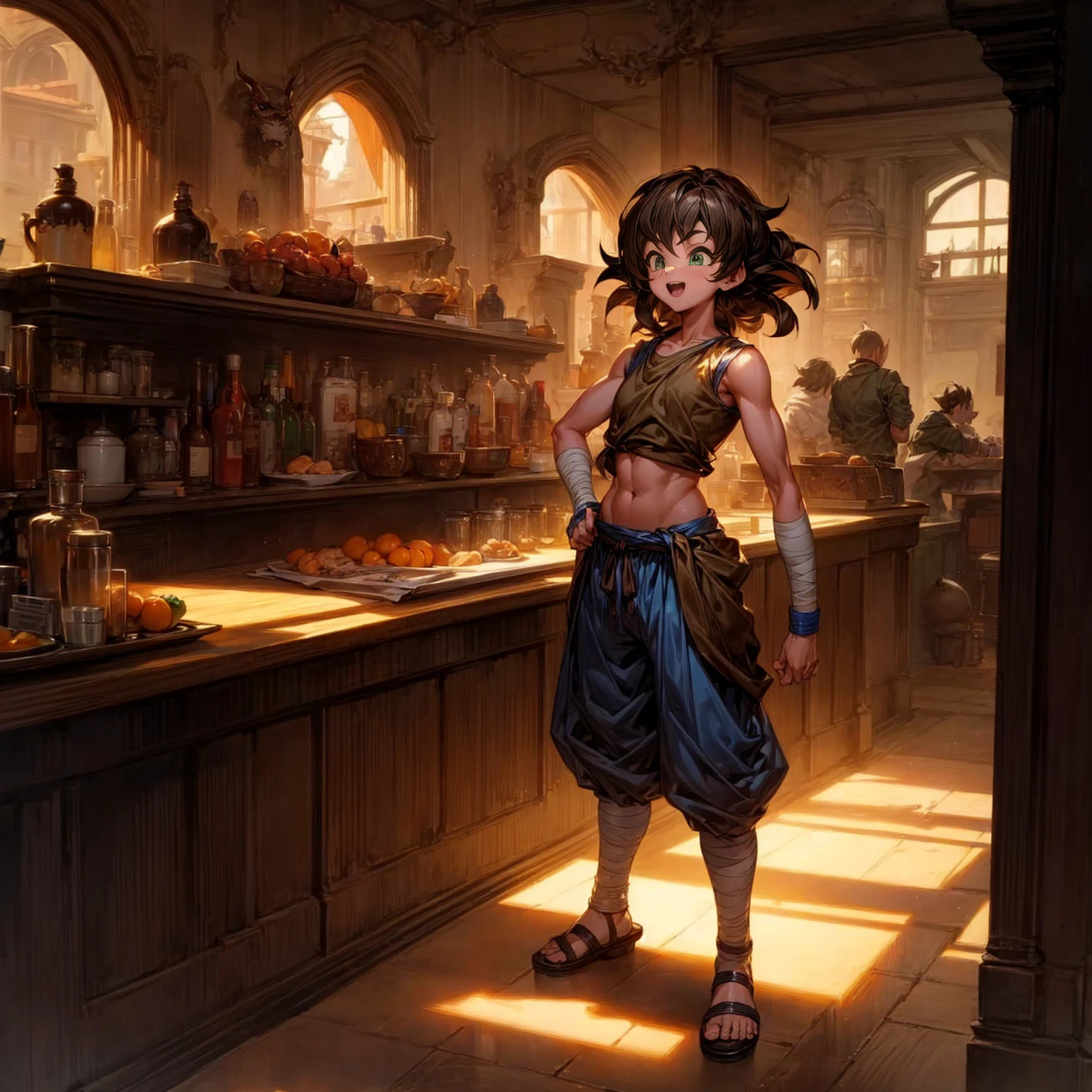 Solo character, full body version, kid boy, big muscle, big torso, green eyes, brown hair, long hair, bob hair, Curly hair, casual clothing, short pants, bandage, Sleeveless, sandals, indoor, bar, village, medieval, morning, standing gesture, detailed background, detailed clothing, detailed hair, happy eyes, open mouth, (dragon ball style art)