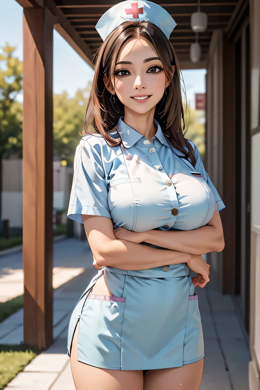 1 female, 40 years old, (Nurse cap, nurse uniform and mini skirt), masterpiece, grin, (very tanned and shiny skin), Big Breasts, photoRealistic, Realistic, alone, photoRealistic, Highest quality, Ultra-high resolution, Yura S, Outdoor, colorful,  Daytime setting, beautiful, masterpiece, Highest quality, Very detailedな顔, Perfect lighting, Ultra-high resolution, Very detailed, (background: Inside the hospital)