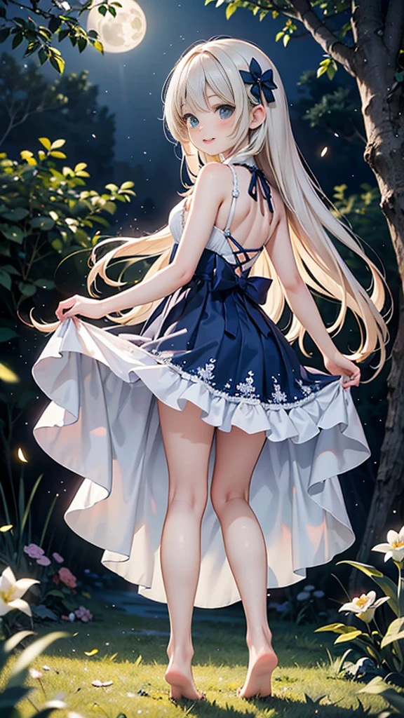 "Full-body portrait of Lily, an adorably  young woman in her late 20s with a irresistibly cute expression. Her large, sparkling anime-style blue eyes are wide with wonder and joy, framed by long, fluttering eyelashes. Rosy cheeks and a bright, heartwarming smile that lights up her entire face. Long, flowing silver-blonde hair cascades down her back, shimmering in the moonlight. Wearing a whimsical, fairy-tale inspired dress in white and navy blue, with delicate floral patterns that seem to dance in the breeze. The dress's skirt swirls playfully around her knees. Lily stands barefoot on soft, moonlit grass, her toes curled cutely. She's hugging a magical storybook that glows softly in her arms. Fireflies and twinkling stars swirl around her entire figure. The background is a dreamy, enchanted forest bathed in soft moonlight. Lily's pose is playful and energetic, as if she's about to spin and tell a wonderful bedtime story. Her entire being radiates an aura of innocent charm and magical wonder, perfectly capturing her role as a dream forest explorer."