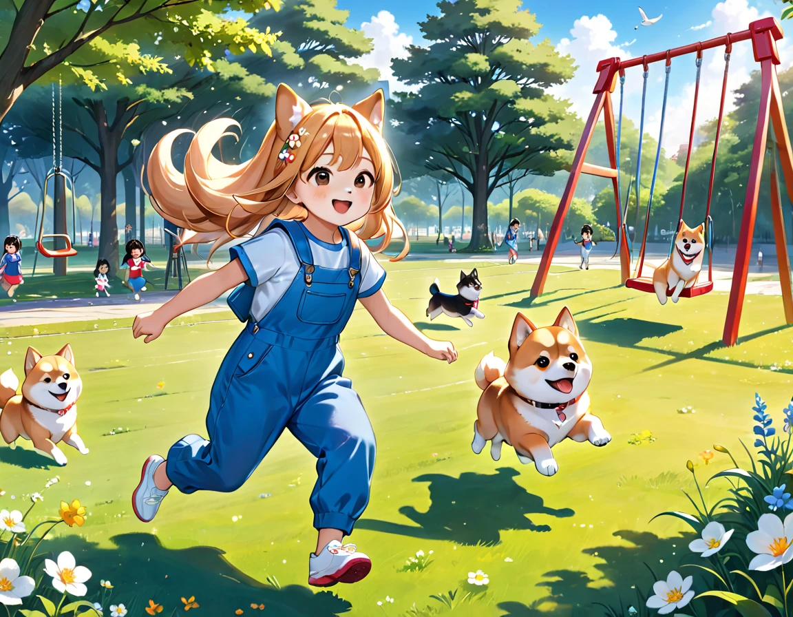 Light blue long hair、Twin-tailed Girl、Blue denim jumpsuit、A park full of grass and flowers、There are slides and swings、Five little characters playing、My beloved Shiba Inu dog is running around happily.、