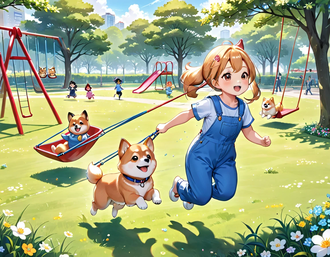 Light blue long hair、Twin-tailed Girl、Blue denim jumpsuit、A park full of grass and flowers、There are slides and swings、Five little characters playing、My beloved Shiba Inu dog is running around happily.、