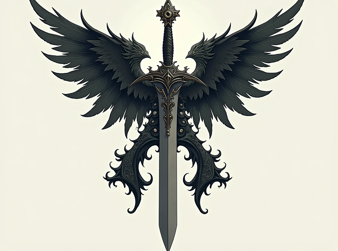 Replace the sword with a thin-bladed dagger. The dagger should have an elegant, slender blade and an ornate handle, matching the overall dark fantasy aesthetic. Ensure that the 'A' shape above the blade and the wings on either side remain completely intact and unchanged. The dagger must fit naturally within the design, replacing the sword but maintaining the same position and alignment. ((replace sword with a thin)), ((slender-bladed dagger)). dagger with an elegant, sharp blade and detailed handle.