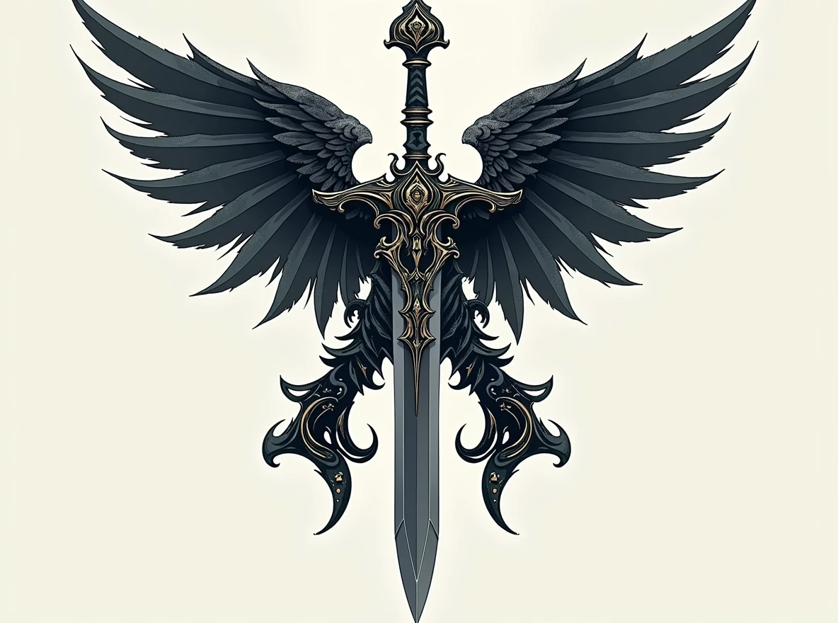 Replace the sword with a thin-bladed dagger. The dagger should have an elegant, slender blade and an ornate handle, matching the overall dark fantasy aesthetic. Ensure that the 'A' shape above the blade and the wings on either side remain completely intact and unchanged. The dagger must fit naturally within the design, replacing the sword but maintaining the same position and alignment. ((replace sword with a thin)), ((slender-bladed dagger)). dagger with an elegant, sharp blade and detailed handle.