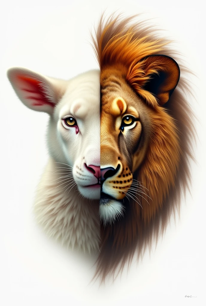 Evangelical image with the face of a lamb and a lion on one side of the face. Where their faces connect and a white background