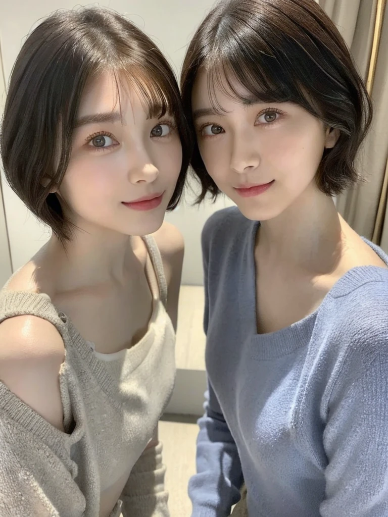 (masterpiece:1.3), (8k, Photoreal, Raw photo, best image quality: 1.4), Japanese high school girl、(random hairstyle:1.2)、cleavage:1.5、super detail face、eye for details、double eyelid、chest to chest、sharp focus:1.2、Beautiful woman:1.4、light brown hair、highest quality、masterpiece、超A high resolution、(Photoreal:1.4)、Highly detailed and professionally lit smiles、loose and light knitwear、shoulder out、thin、serious expression、short haired、deadly position
similar identical twins
All the girls have the exact same face, The two have the same face and figure, as if they were mirror images.
