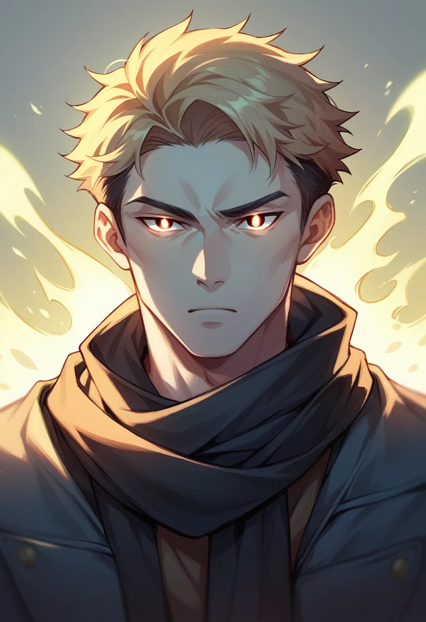 male, solo, handsome, blond hair, beautifuf color, high detail, short hair, black eyes, scarf, glowing eyes, aura