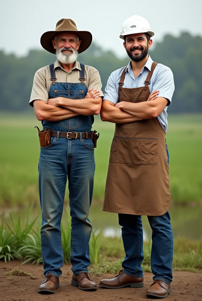 2 people smiling with arms crossed, a farmer with a hat and an industrial engineer with a white helmet and apron. Both in profile and from behind. both men. Full body image with legs and feet.