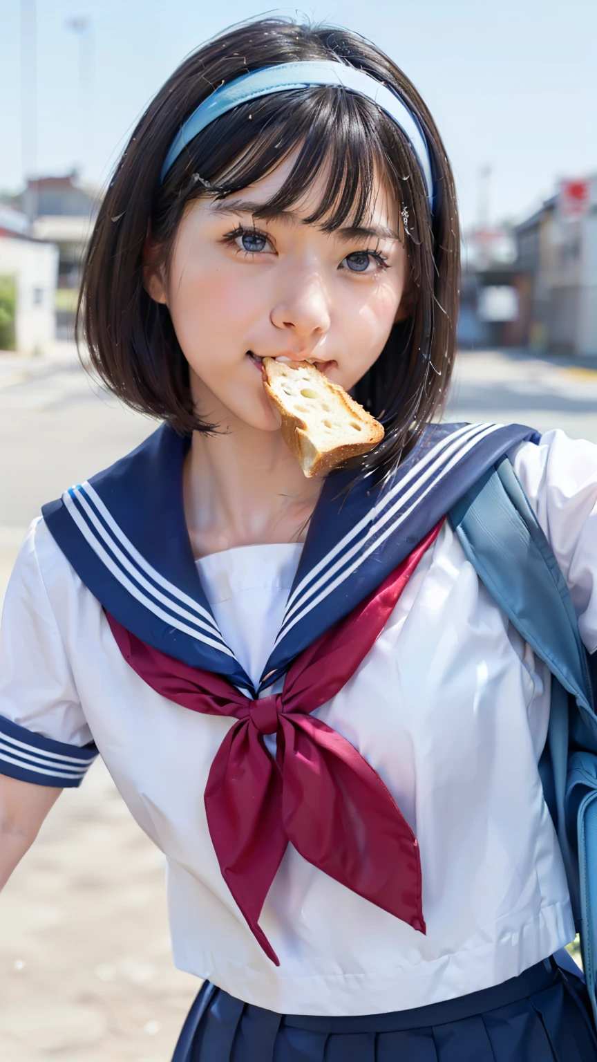 (White color headband:1.4), One Woman, (Beautiful woman, delicate :1.3), Black Hair, (bob cur:1.4), bangs, 8k, Highest quality, masterpiece, Very detailed, Ultra-high resolution, Realistic, RAW Photos, Absolute Resolution, Black Hair, (sky-blue color sailor uniform:1.4), (sky-blue color pleated skirt:1.4), (realistic junior high school student:1.4), small breasts, expensive, bright blue eyes, (In front of the school gate), smile, (standing pose:1.4), (one school bag on shoulder:1.4), (long skirt:1.4), slender female body, (Blur the background:1.4), (looking at the camera:1.4), (glossy hair), (take a piece of bread in one's mouth:1.4), (sprinting while eating bread:1.4), (sprinting pose:1.4),