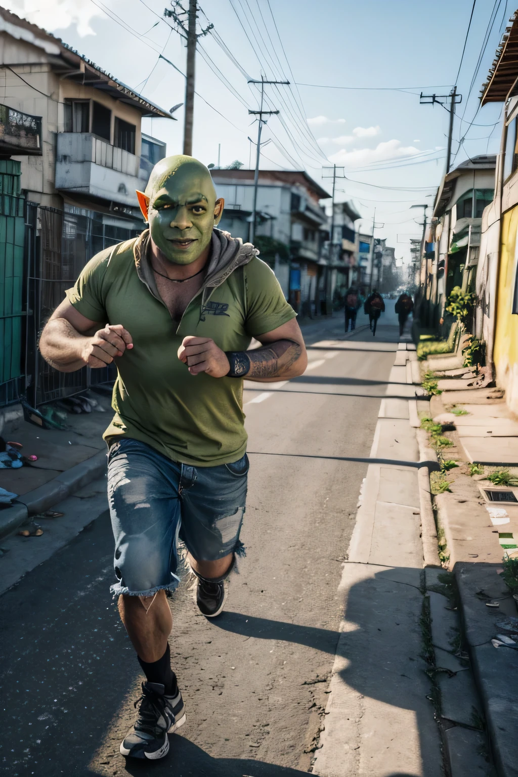 shrek character gay couple homeless man sitting on the floor, on a poor street in Brazil, 