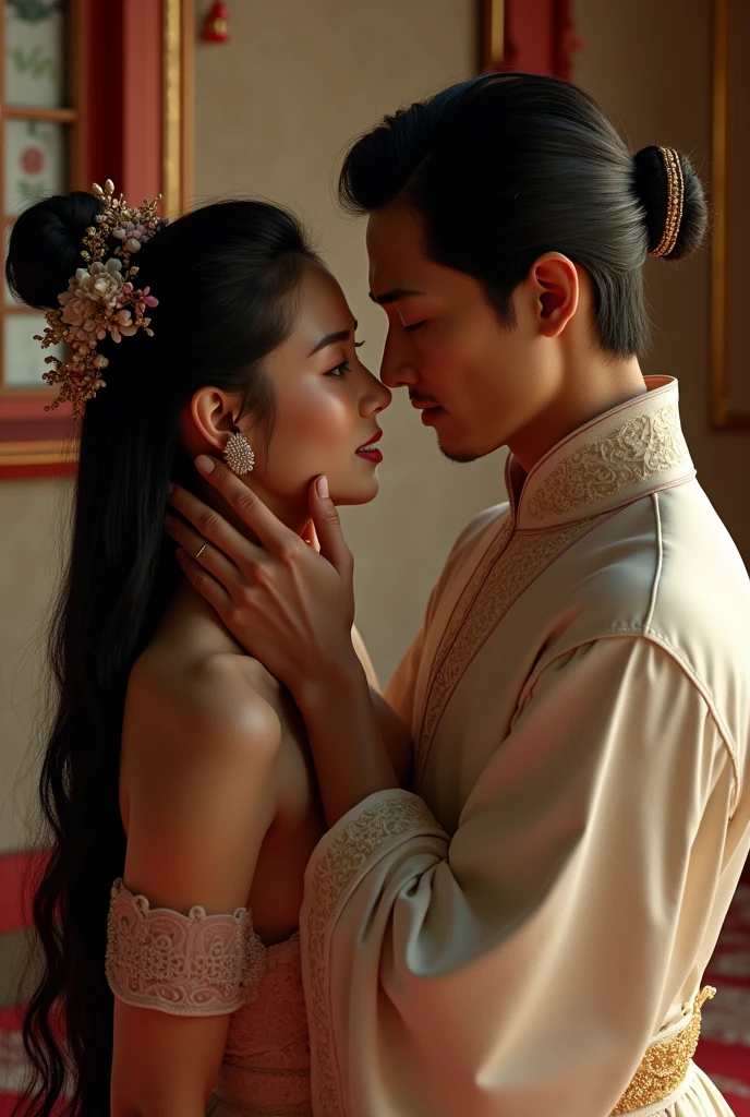 Beautiful black girl, historical costume, chinese man kissing