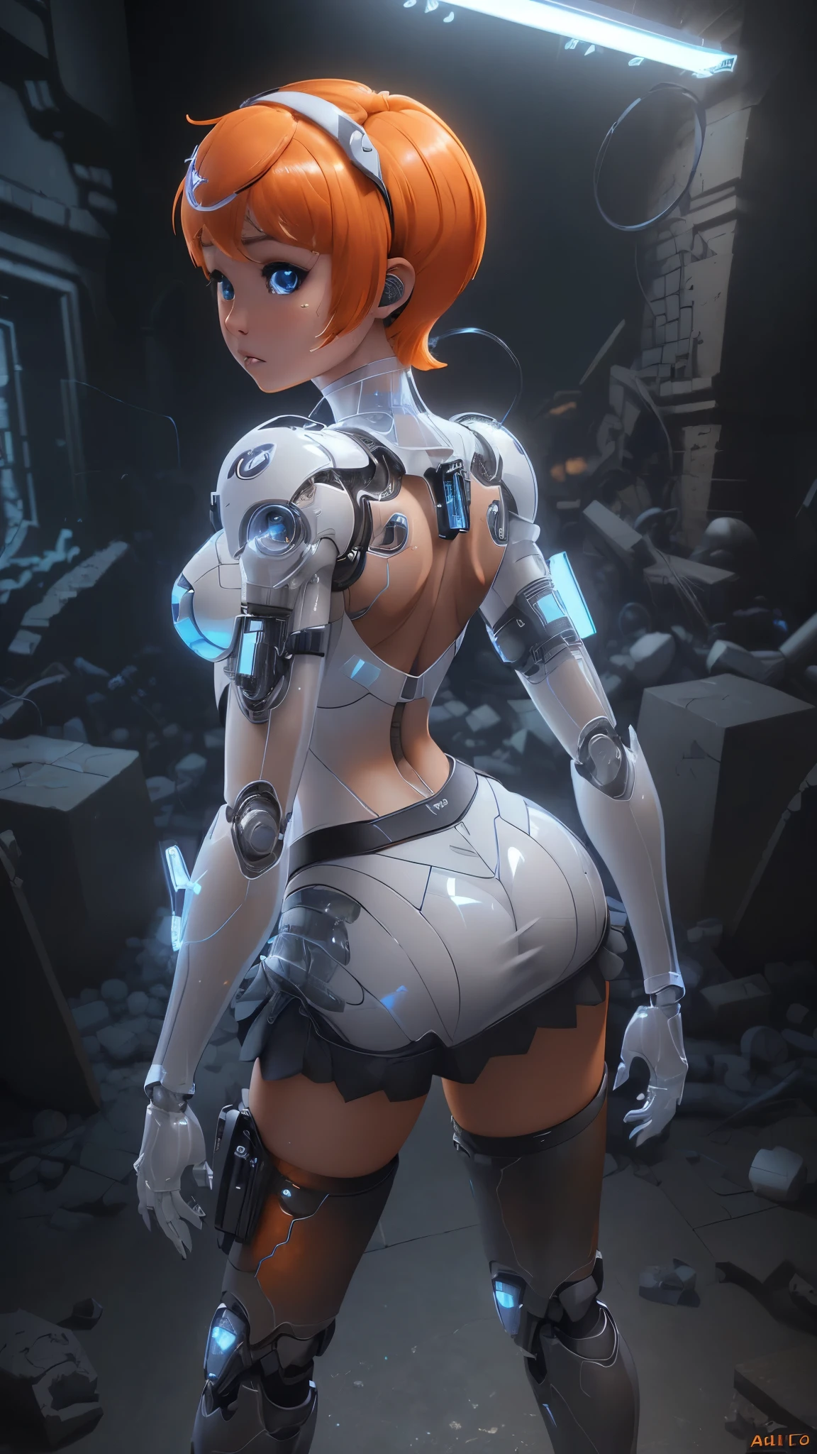(rear view, backside view),(The best quality,A high resolution,Ultra - detailed,actual),Ariana Grande in a short skirt and a top,(cabello corto rizado África :1.4), ( leeloo outfit:1.4) ,(mini skirt black cyborg :1.4), (short orange hair :1.4),(dark ebony skin:1.4),(Ruined dungeon ruins background:1.4 ),( LEELOO:V2.1) , (realistic anime 3 d style:1.4) , photorealistic anime girl render, Anime styled 3d, 3 d anime realistic, 3 d character art, 3d anime girl, 8K high quality detailed art, Anime style. 8k, Artgerm ; 3d unreal engine, ,(Ruined dungeon ruins background:1.4 ),( Perfect anatomy :1.4),( cowboy pose :1.4), (short orange cyborg plastic transparent :1.4), (top white cyborg plastic transparent :1.4),( cinematic lighting :1.4), (Ariana Grande :1.4), (Ariana Grande :V2.5), More detailed 8K.unreal engine:1.4,UHD,La Best Quality:1.4, photorealistic:1.4, skin texture:1.4, masterpiece:1.8,first work, Best Quality,object object], (detailed face features:1.3),(The correct proportions),(Beautiful blue eyes),  (cowboy pose), (dark ebony skin:1.4), (cyborg mecánica white plastic transparent :1.4), (cyborg :1.4), (tiene un hermoso culo :1.4),( cyborg plastic leeloo mecánico white transparente :1.4), (Esqueleto mecánico cyborg de titanium cibernético transparent :1.4), (dark ebony skin:1.4)