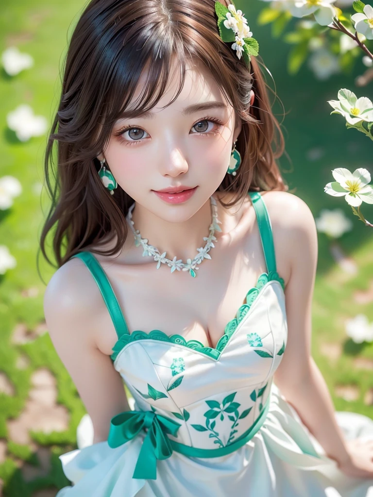 8k,Confused, High resolution, Very detailed, 1 girl, alone, Very beautiful eyes, Ultra-precise depiction, artistic、Very detailed depiction, (Tangled:1.2), , (White high key background:1.5), (((White dress with mint green floral pattern 1.5))), 、 short hair、Loose wavy hair、Earrings and Necklaces、Brown Hair, (Glowing Skin), Many colors, , (Shooting from above:1.2),、Flat Body、slim、cute、、Round face、Cast a Shadow、、Smile 1.3