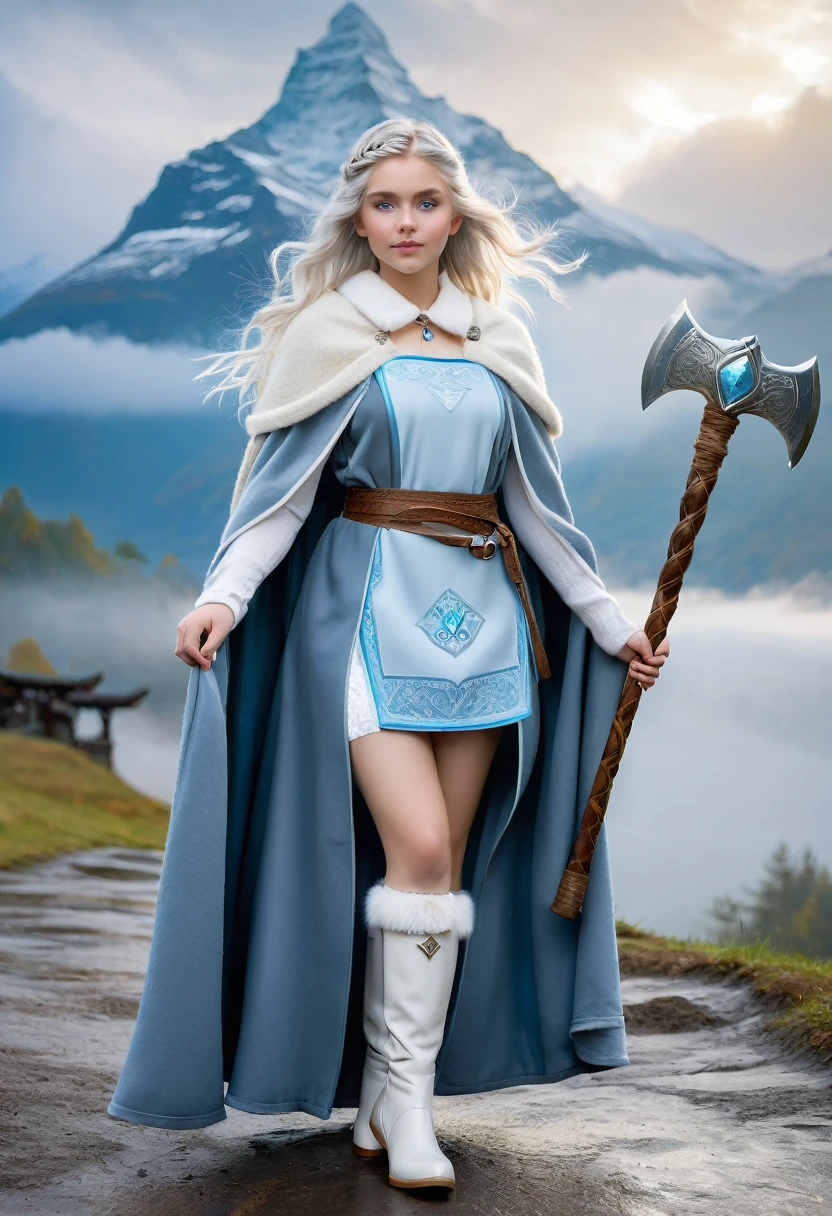 A beautiful photo of very young tween wearing a Norse style charcoal grey woolen gown with elegant pale azure blue princess style apron, runes of family, love, healing and protection are embroidered along it, with knee high stockings, white doeskin boots, and a beautiful cloak with silver white collar, has golden white hair. The hairstyle is elegant loose waves with a Dutch braided with a silver diamond circlet with a triforce gem, holding a magical axe, white leather magic bag, warrior princess, thick mountain morning mist, beautiful curvy girl, 12k, ancient Norse, octane render, perfect eyes, wide hips, large saggy chest, Norse mountain village, cleavage 