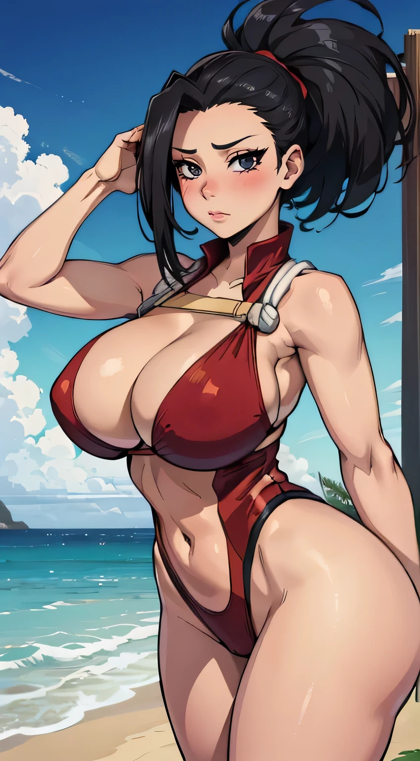 (best quality:1.3), yaoyorozu momo, busty, cleavage, bikini leotard, seductive, sexy, curvy body, big boobs, ((beach))